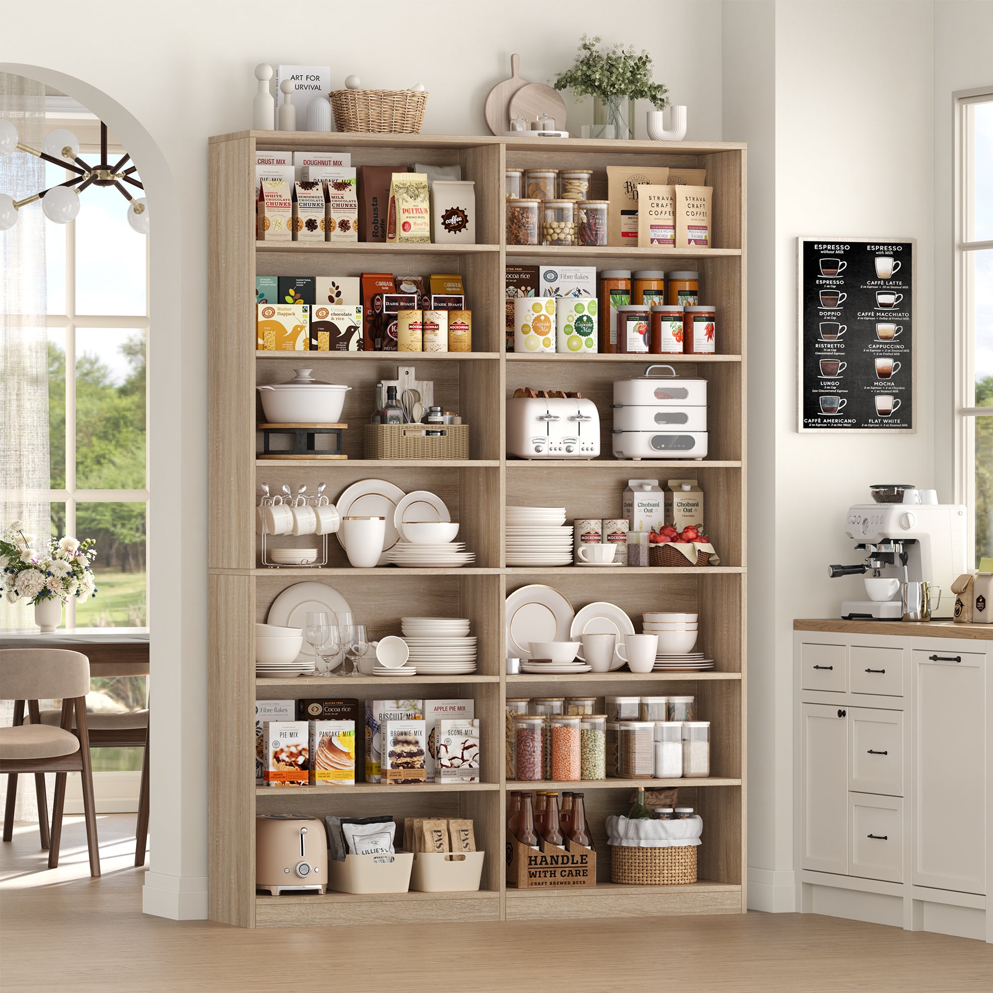Hiphuta 83.6"H x 47.2"W Wood Double 7-Tier Standard Bookcase, Tall Bookcase for Bedroom, Living Room and Office, Freestanding Display Storage Shelves, Light Oak