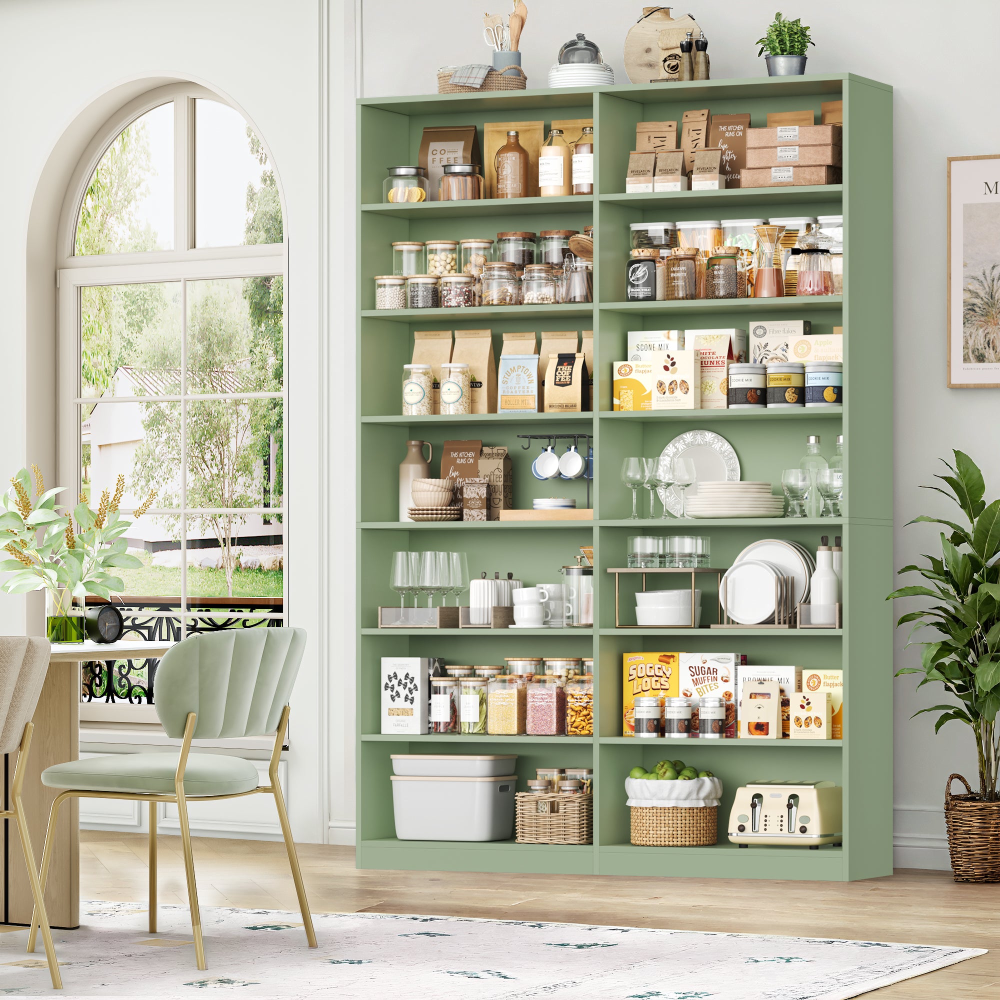 Hiphuta 83.6"H x 47.2"W Wood Double 7-Tier Standard Bookcase, Tall Bookcase for Bedroom, Living Room and Office, Freestanding Display Storage Shelves, Green