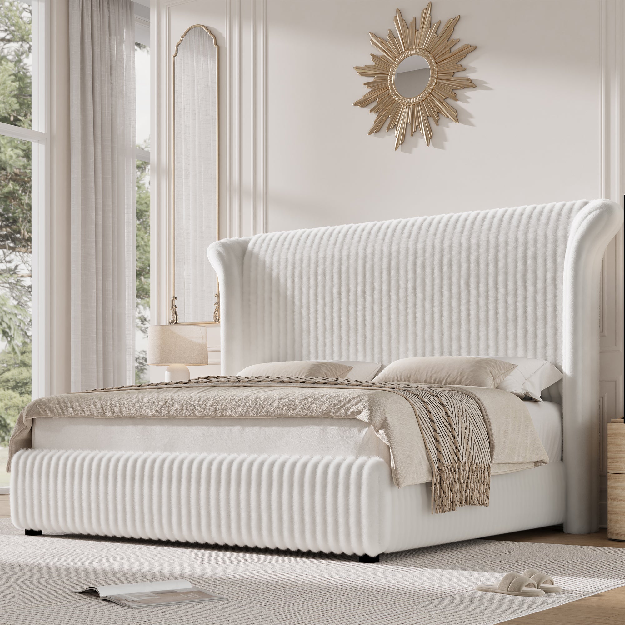 Hiphuta Modern Queen Size Corduroy Upholstered Bed Frame, LED Platform Bed Frame with 55"H Vertical Stripe Tufted Corduroy Velvet Wingback Headboard, White