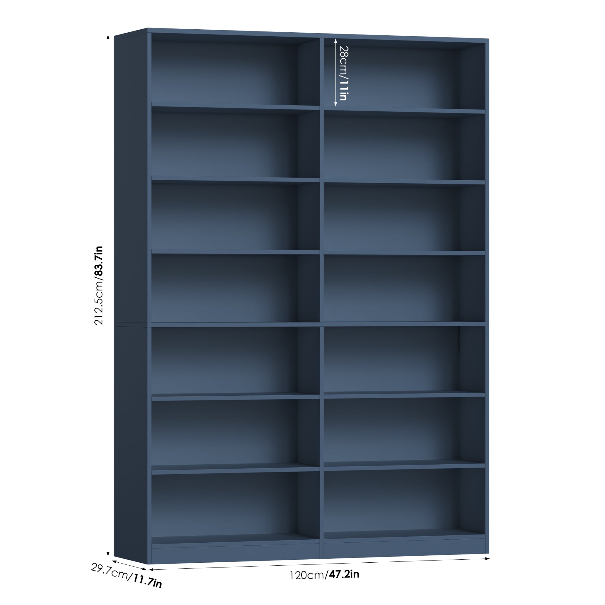 Hiphuta 84"H Wooden Double 7-Tier Tall Bookcase, Standard Bookcase for Living Room and Office, Freestanding Display Storage Shelves, Blue