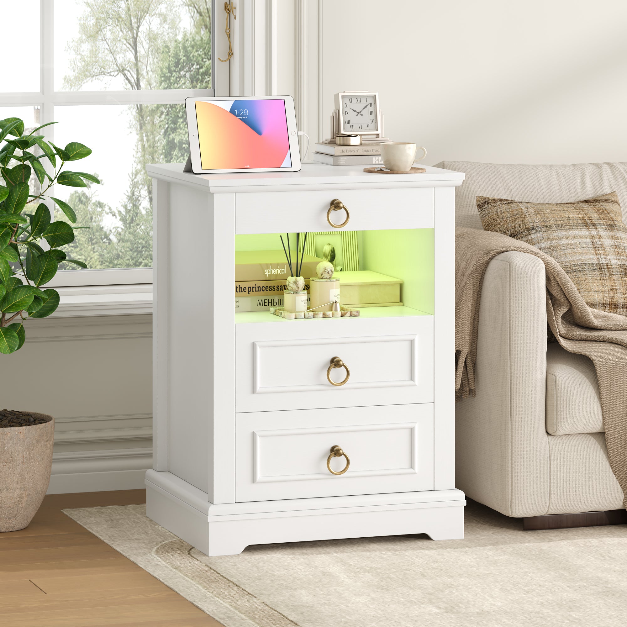 Hiphuta 18.5” Wide Farmhouse Nightstand with Charging Station, Wood Night Stands End Table with 3 Drawers for Small Spaces, LED Bedside Table for Bedroom Living Room, White