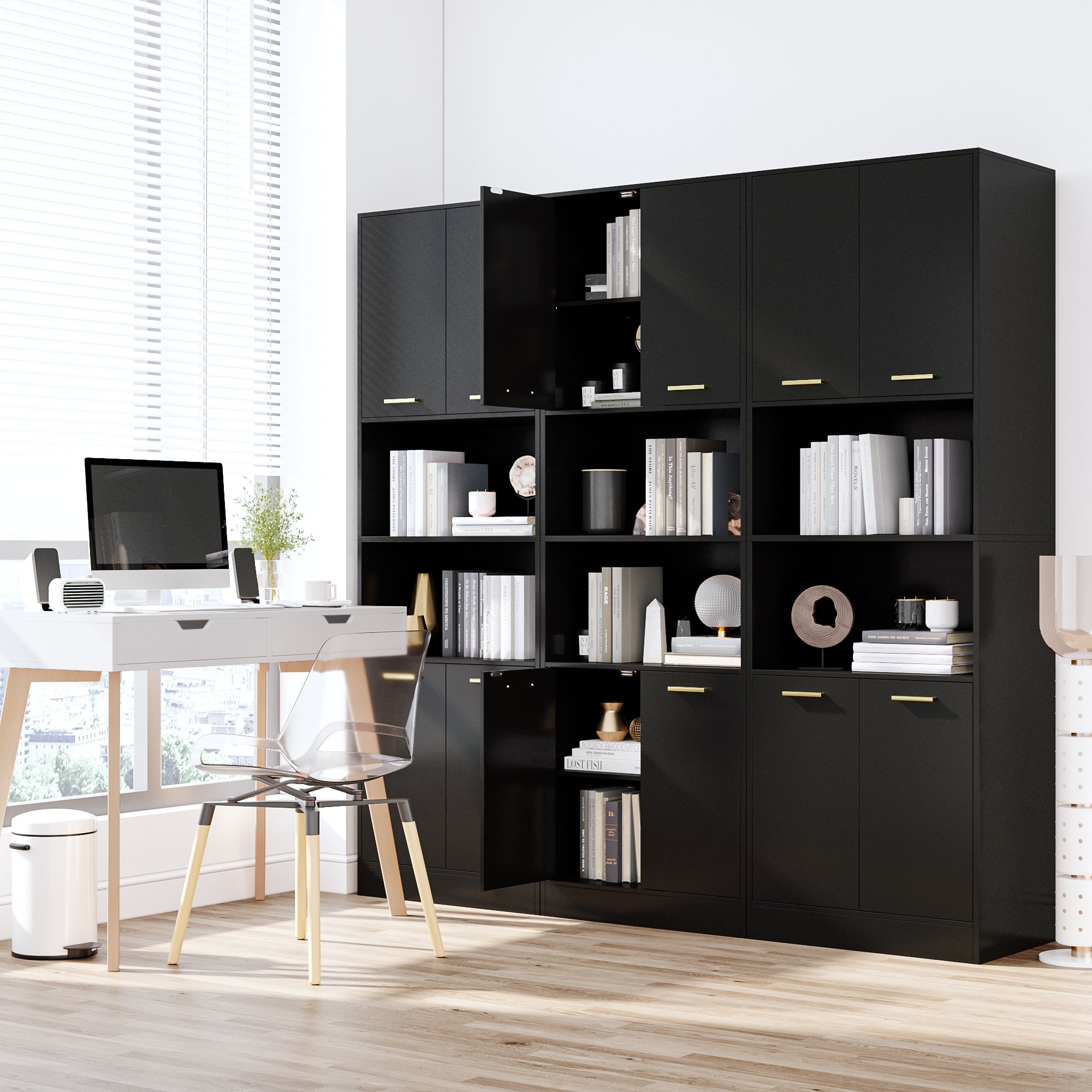 Hiphuta 71"H Tall Bookcase Storage with Doors, Free Standing Display Bookshelves with 2 Adjustable Shelves, Black