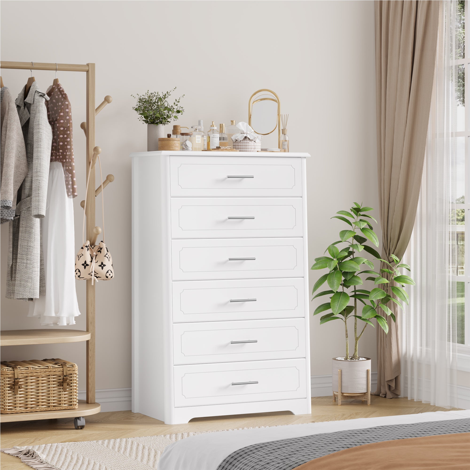 6 Drawers Dresser for Bedroom, Modern Chest of Drawers with Metal Easy Pull Handle, White