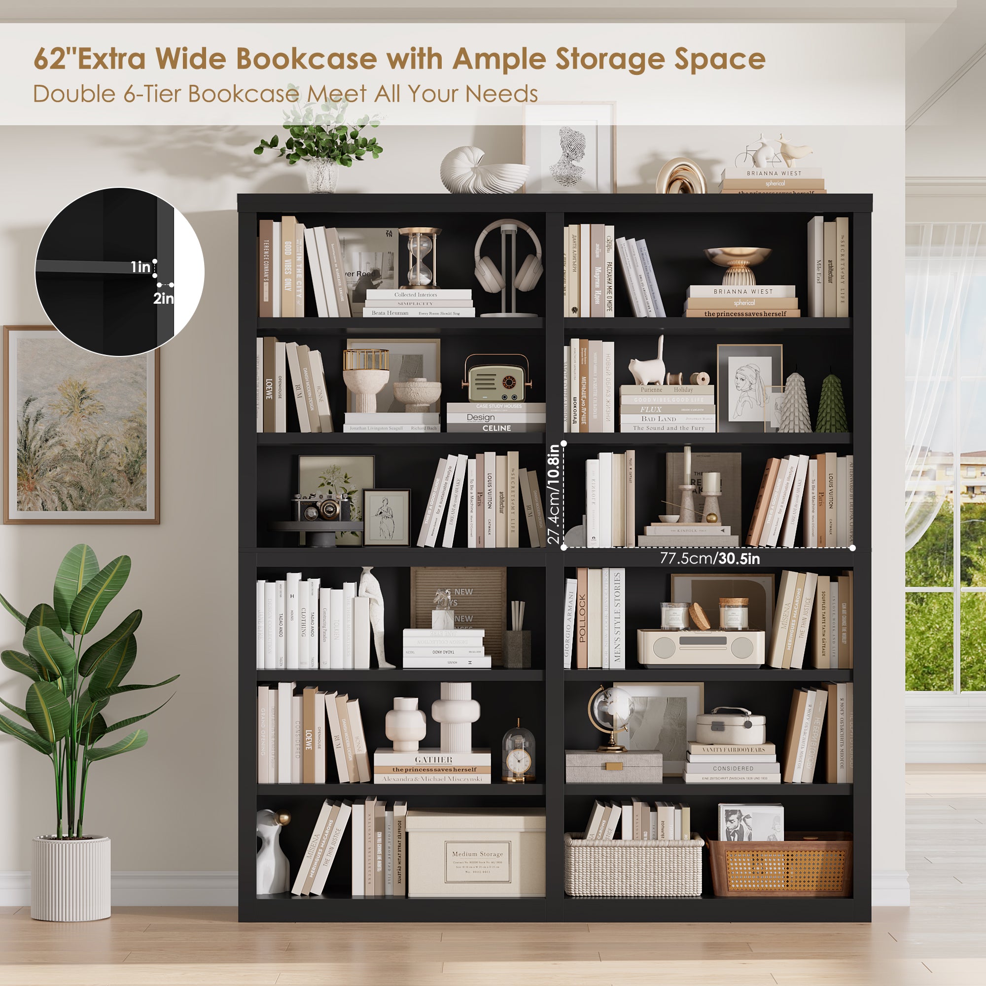 Hiphuta 63"W Extra Large and Sturdy Bookcase, Double Wide 6-Tier Bookshelf, Tall Bookcase for Home Office and Living Room, Wooden Freestanding Display Shelf, Black