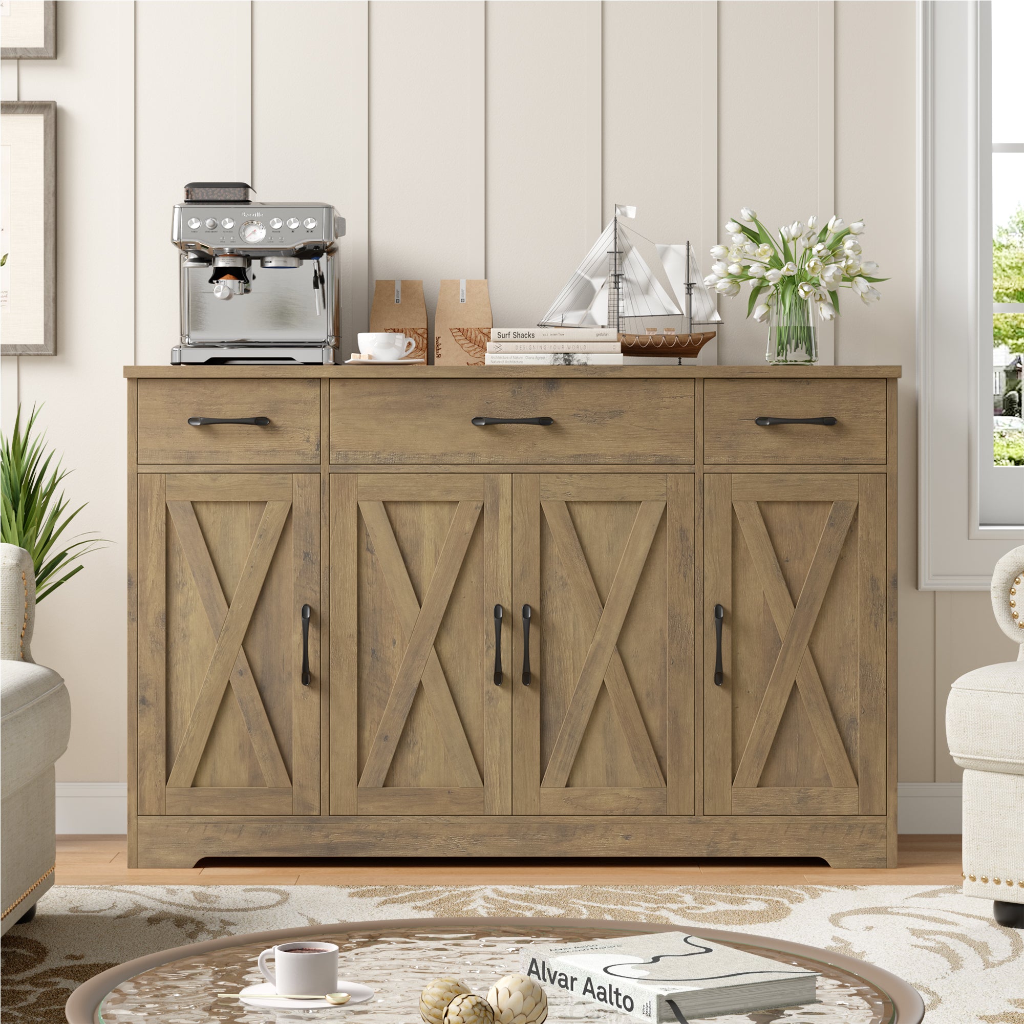 Hiphuta 55” Large Buffet Sideboard, Farmhouse Wood Credenza Cabinet with 6 Drawers & 2 Adjustable Shelves, Dark Brown