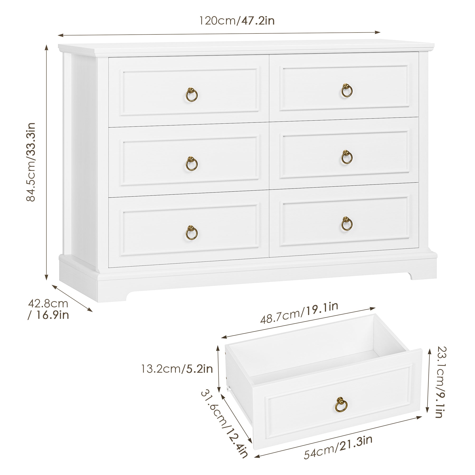 Hiphuta Modern 6 Drawer Dresser for Bedroom with Metal Handle, Large Double Dresser Organizer, Wood Chest of Drawers, White