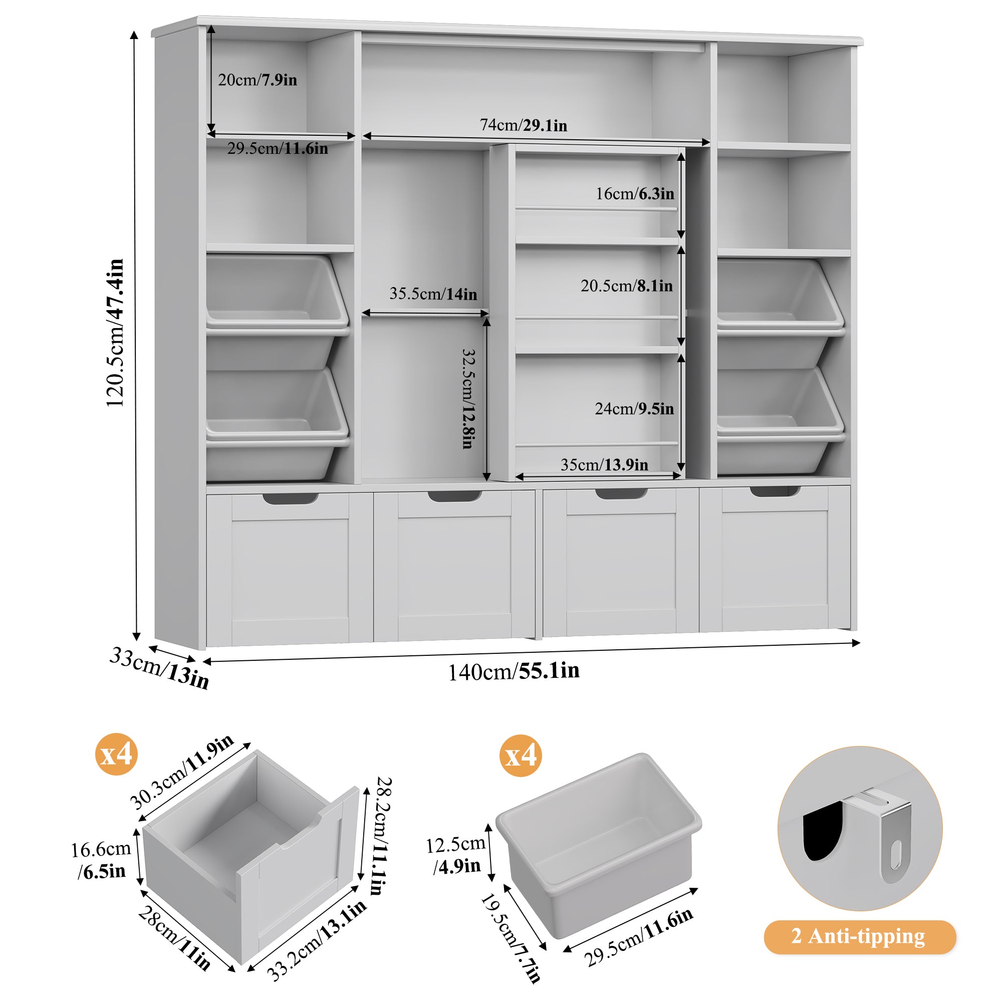 Hiphuta Kid Toy Storage with Bookshelf, Kid Toy Organizer with 4 Removable Drawers, Kid Bookcases with Toy Box for Kid Bedroom Playroom, Gray