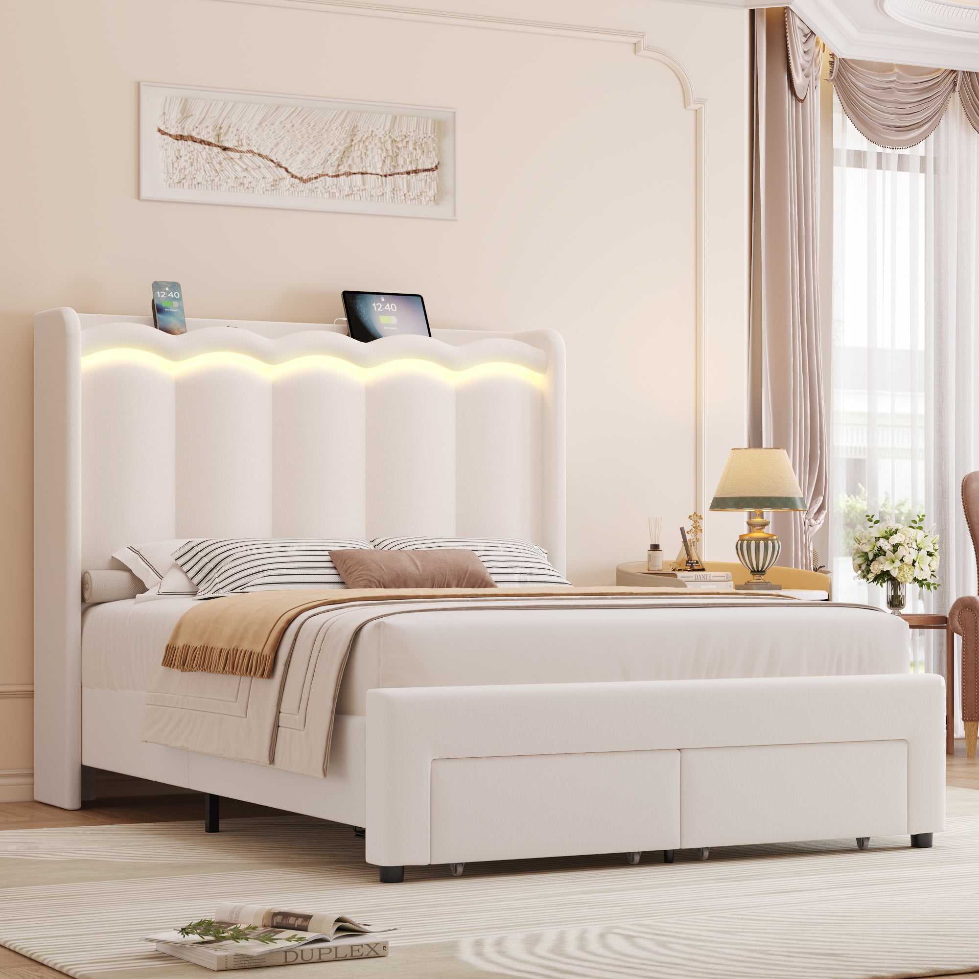 Hiphuta Full Size Bed with Power Outlet & LED, Upholstered Princess Beds with Drawer, Full Beds with Headboard Storage, Beige
