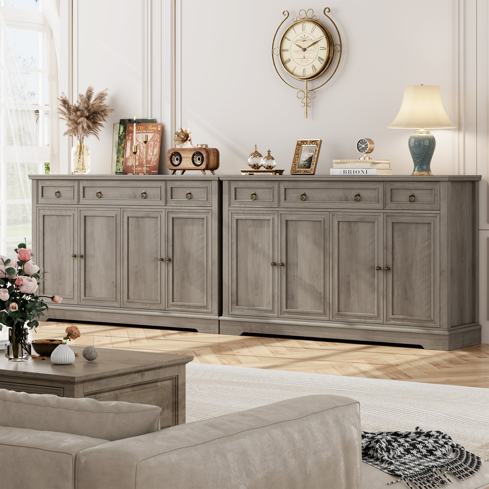 Hiphuta 54'' Wide Modern Sideboard Buffet with Drawers, Farmhouse Credenza with Adjustable Shelf, Ash Gray