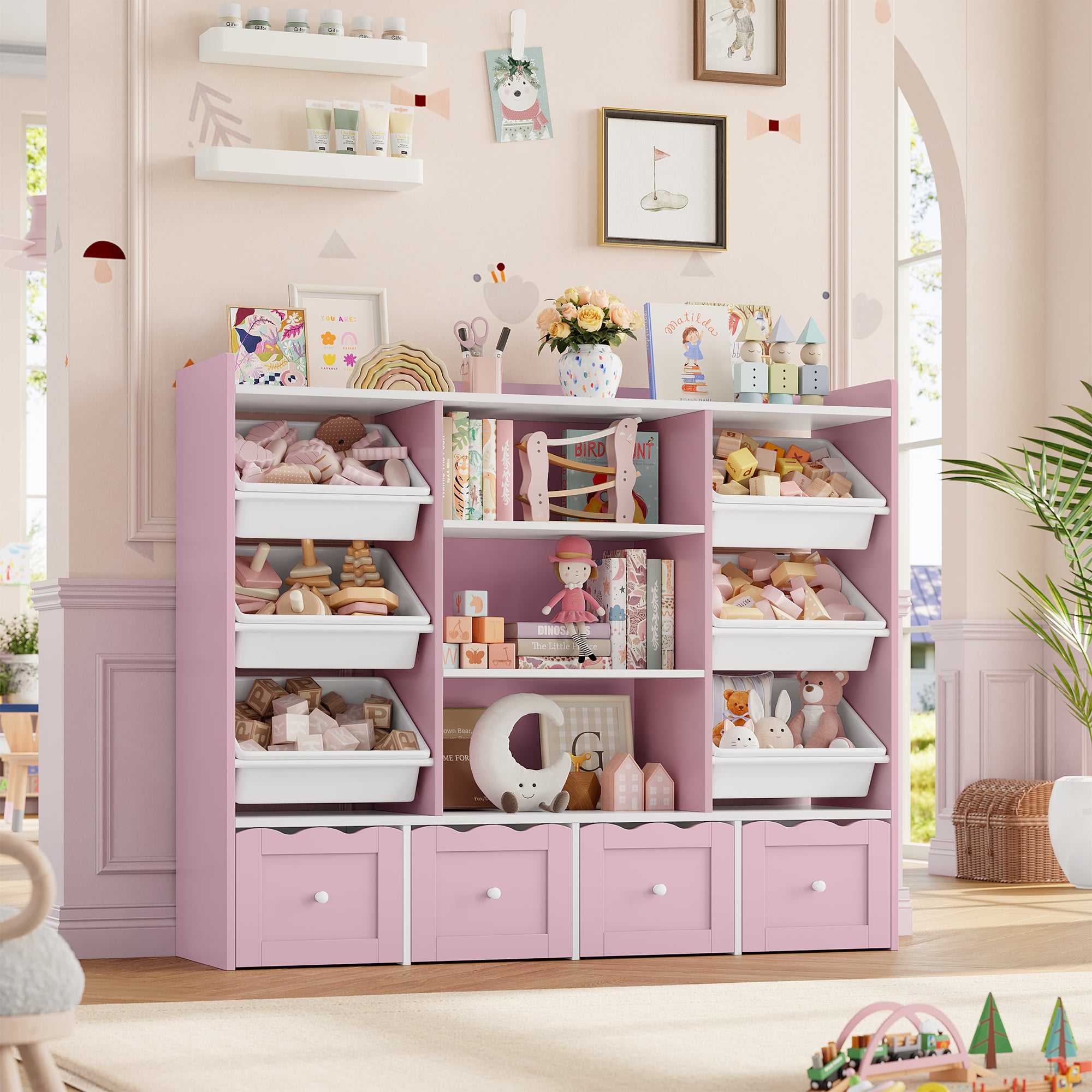 Hiphuta 55" Wide Toy Storage Organizer with 4 Removable Drawers, 4-Tier Kid Bookcase with 6 Bins, Toy Organizer with Bookcase for Kid Bedroom Playroom, Pink & White