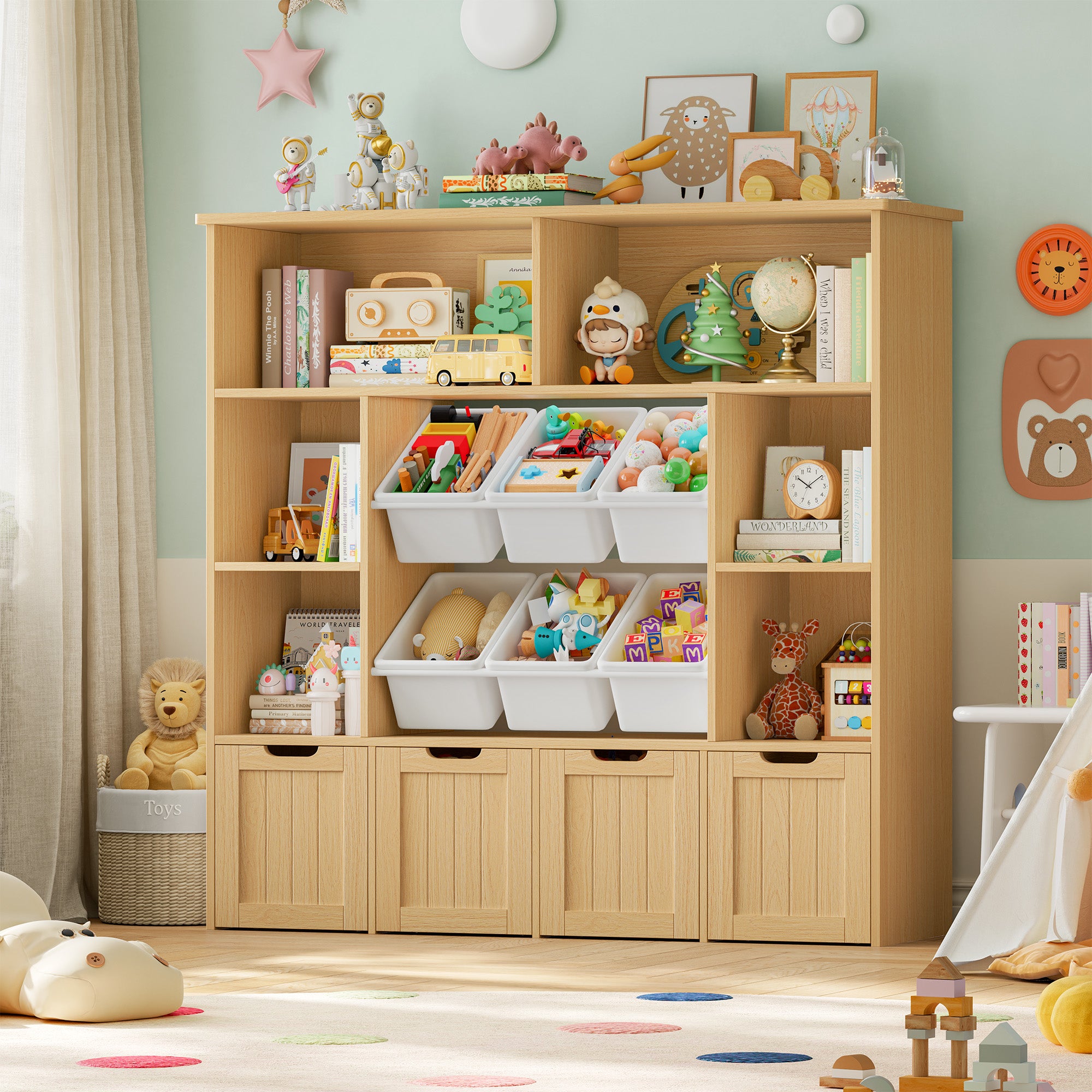 Hiphuta Large 4 Tier Kids Bookcase, Wood Toy Organizer of 6 Boxes & 4 Removable Drawers, Bookshelf for Kids Room Classroom, Natural