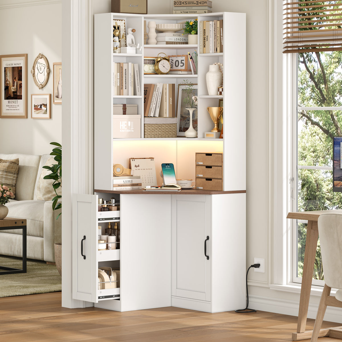 Hiphuta 71" Tall Corner Bookcase with Pull-out Storage Rack, LED Corner Bookshelves with Door and Desktop, and Corner Vanity Cabinet for Home Office Bedroom, White