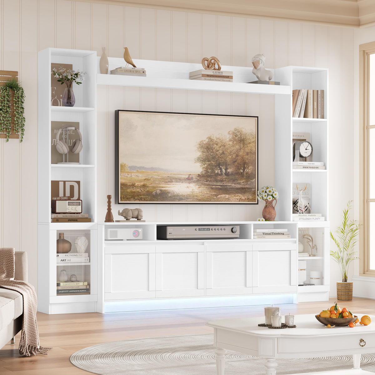 Hiphuta 79" W Wall Unit Entertainment Center for TVs up to 65", Farmhouse Wall Unit TV Stand with Bookshelves and Cabinet, Entertainment Center with LED Lights for Living Room, White