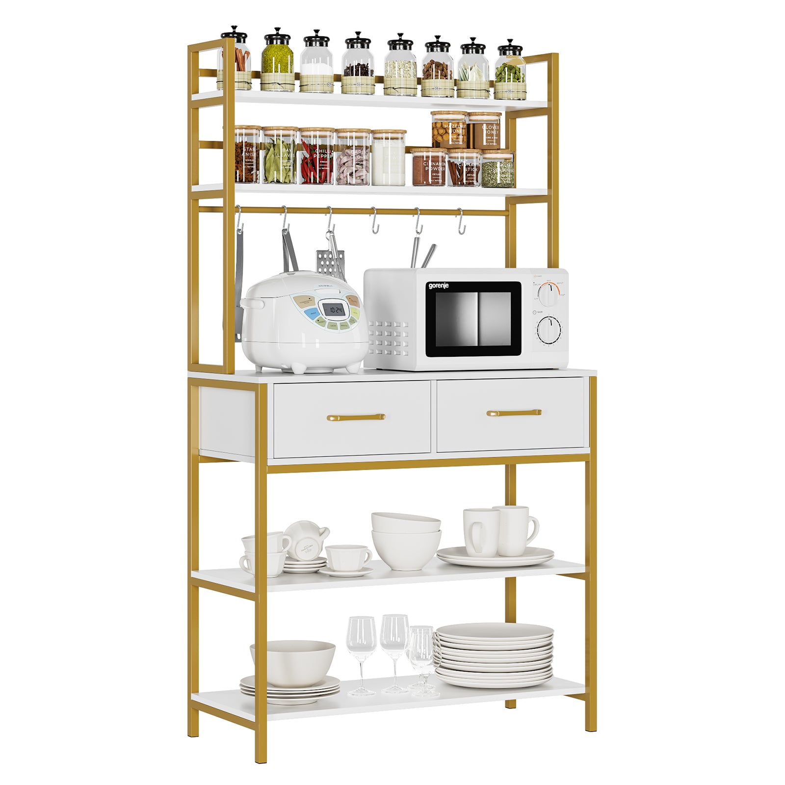 Hiphuta 31.5'' 5-Tier Kitchen Wood Bakers Rack with 2 Drawers, Gold White