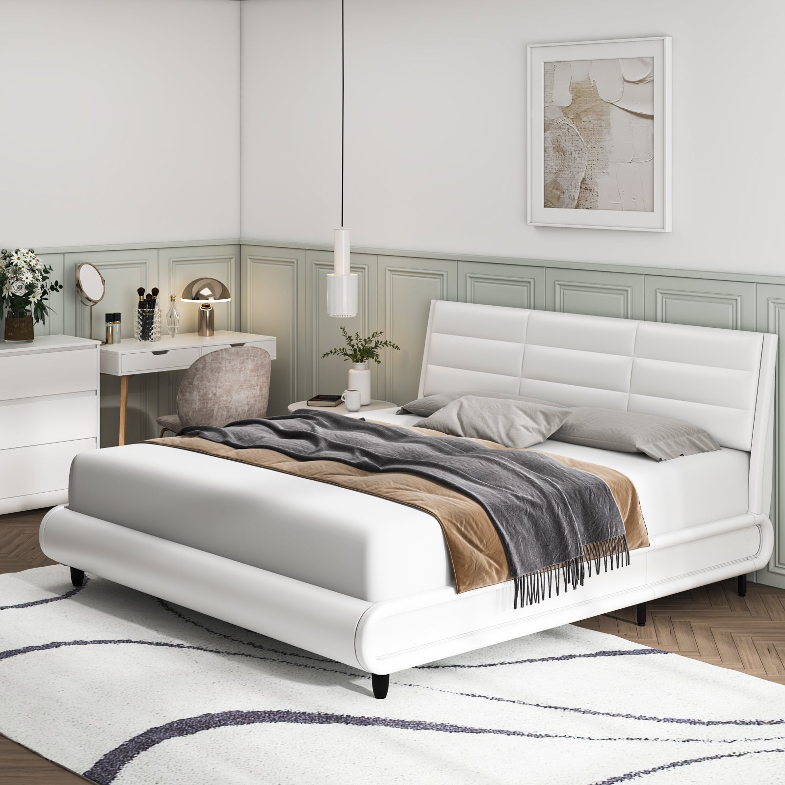 Hiphuta King Size Platform Sturdy Bed Frame with Side LED Light & Adjustable Headboard, PU Upholstered White