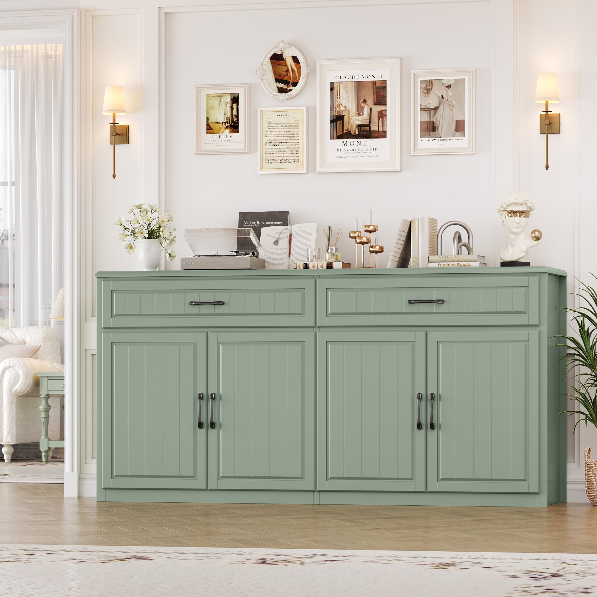 Hiphuta 63"Extended Wide Large Buffet Cabinet with 2 Drawers, Modern Coffee Bar Sideboard with Dusty-proof Base for Living Room and Entryway, Green