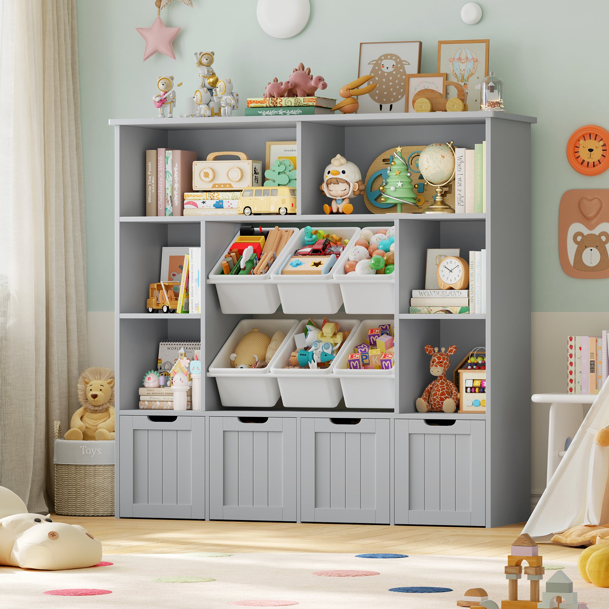 Hiphuta 49" Wide 4-Tier Toy Storage Organizer, Wood Kid Bookcase with 6 Boxes & 4 Removable Drawers, Bookshelf for Kids' Room, Classroom, Gray + White Boxes