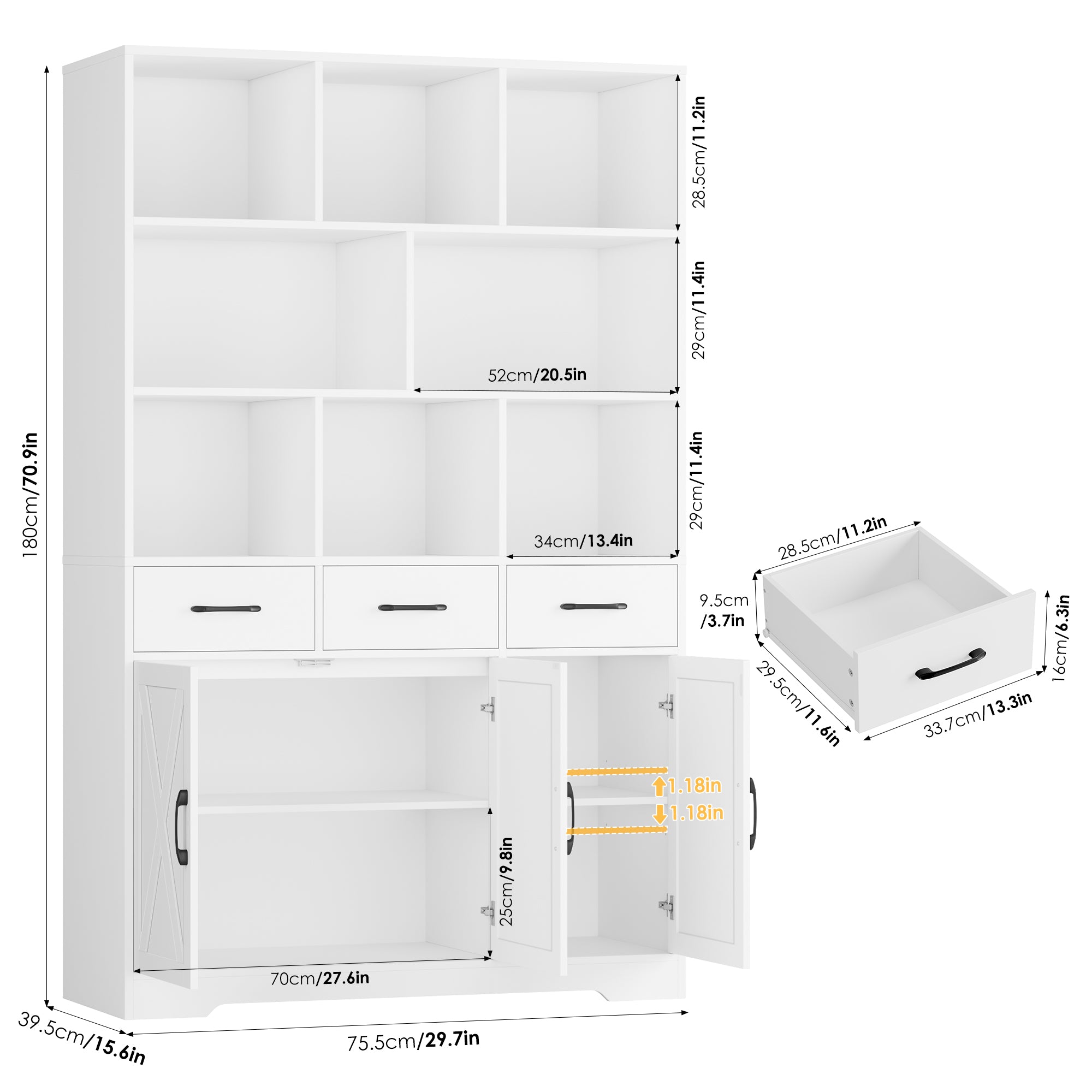 Hiphuta 71" Tall Bookcase with 3 Drawers and Doors, 43" Wide Farmhouse Bookcase with 8 Open Compartments for Office Living Room, White