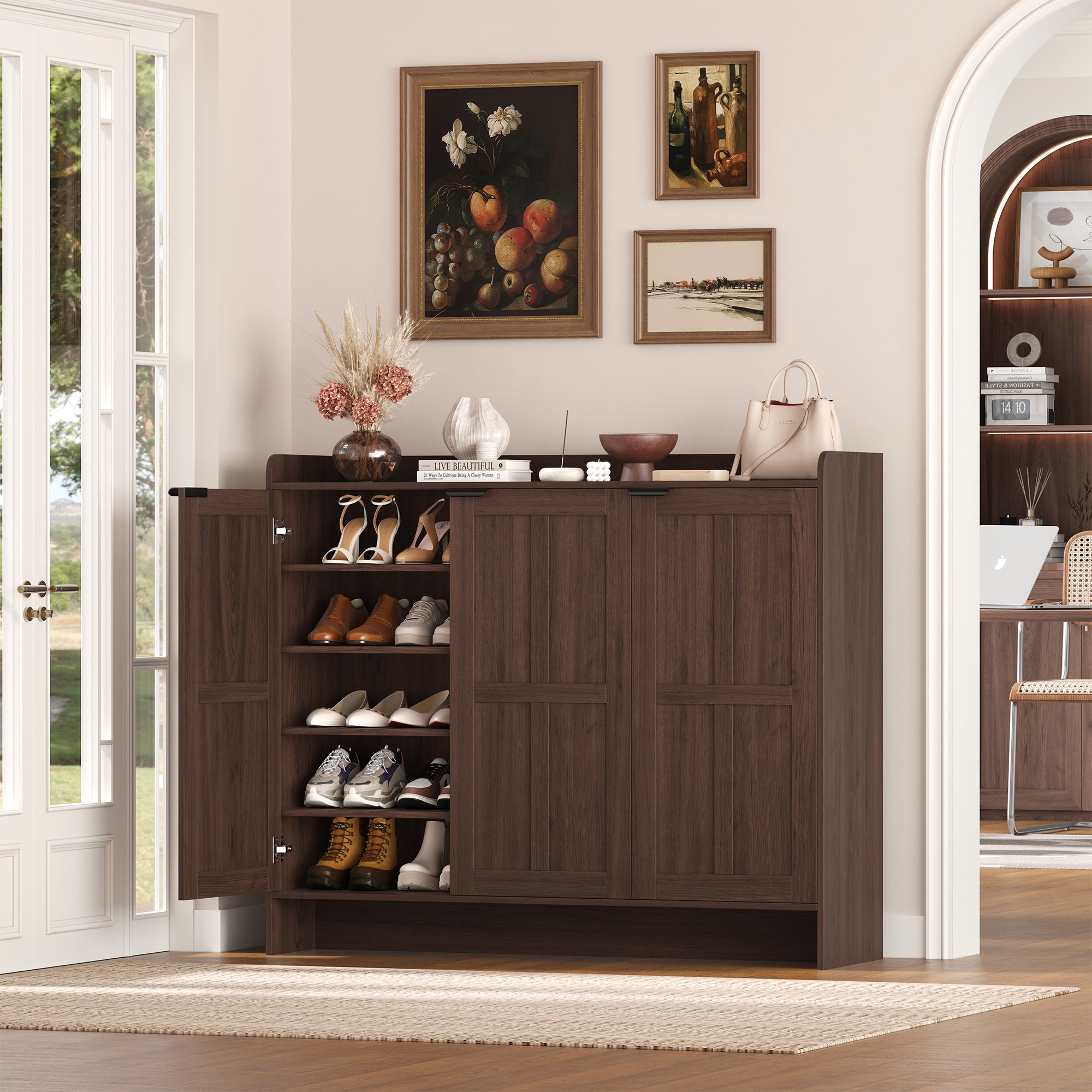 Hiphuta 6 Tiers Shoe Cabinet with Doors, Modern Minimalist Shoe Organizer for Entryway, Brown