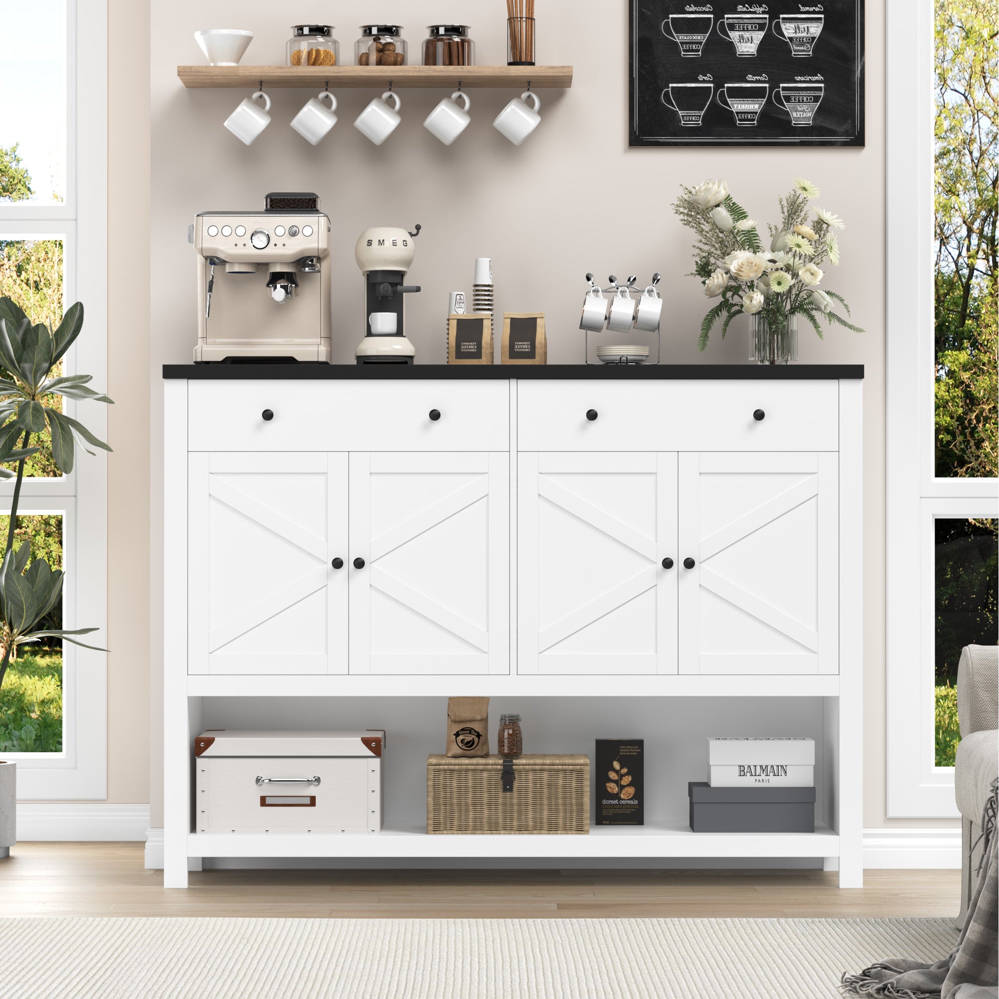 Hiphuta 55" Wide Console Table with 2 Drawers and 2 Double-Door Cabinet, Farmhouse Sideboard with Black Top, White