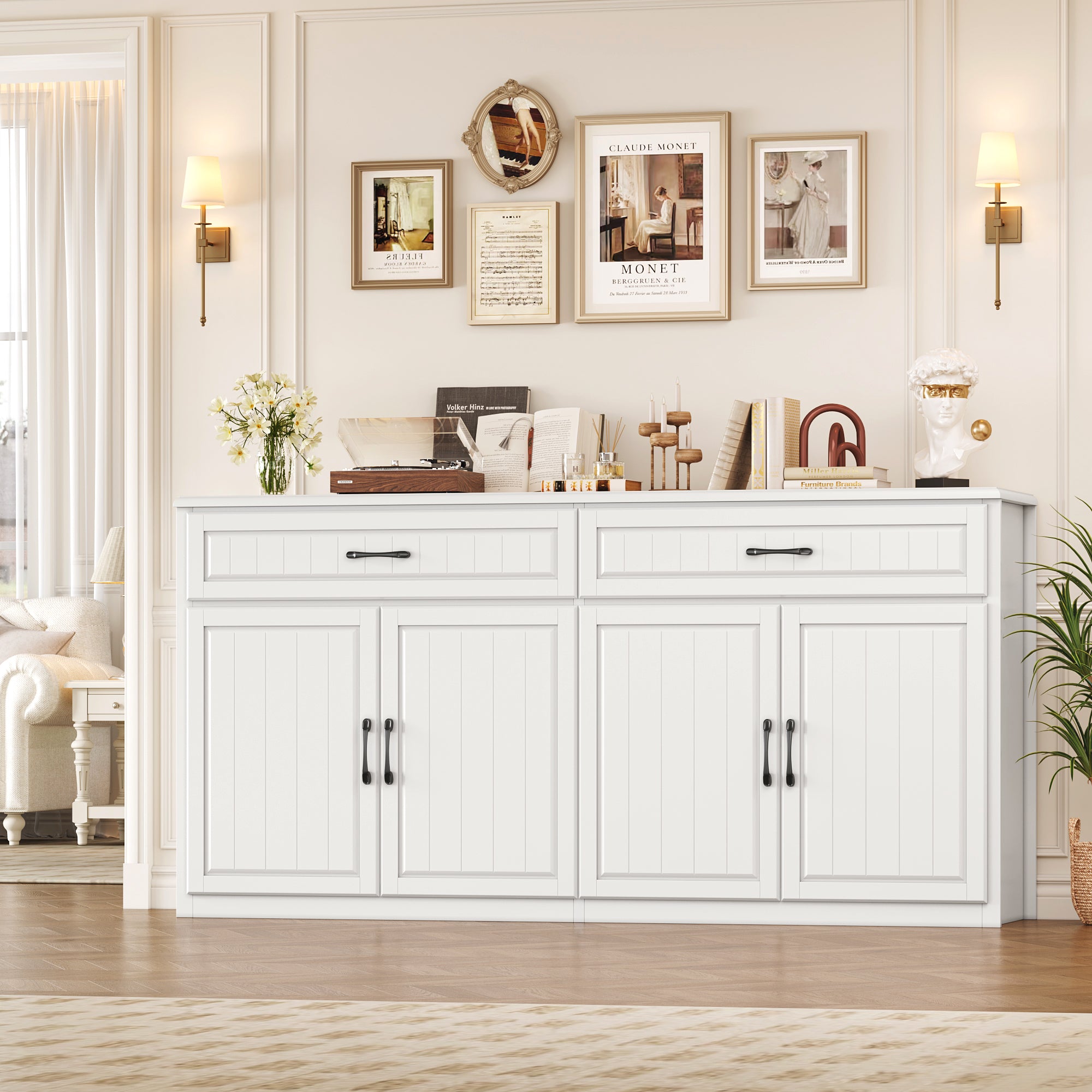 Hiphuta 53.7" Large Sideboard, Wooden Cabinet with 6 Drawers, Floor Cabinet Cupboard with Brown Top, White