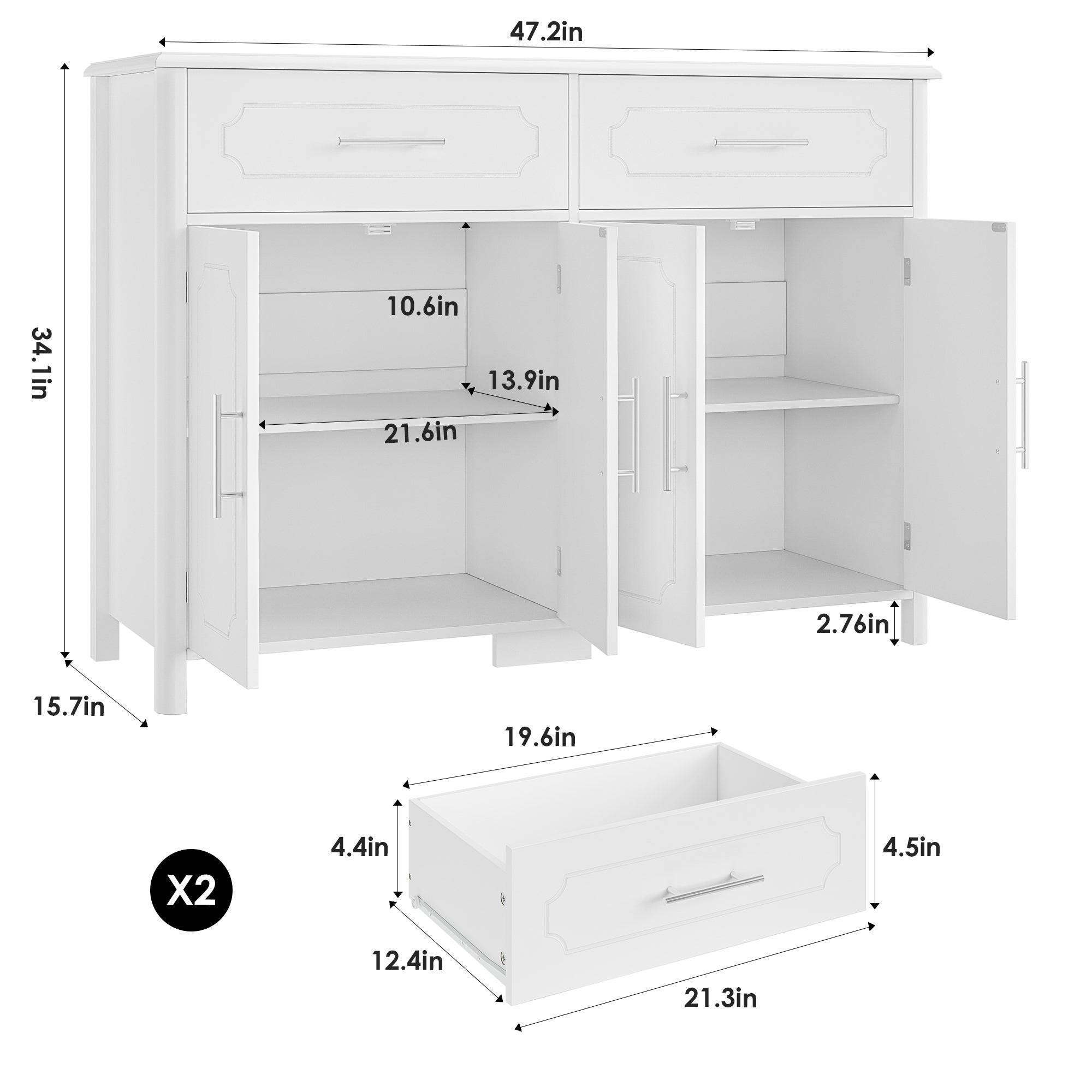 Hiphuta Modern Kitchen Sideboard Buffet Cabinet with 2 Drawers & 4 Doors, White