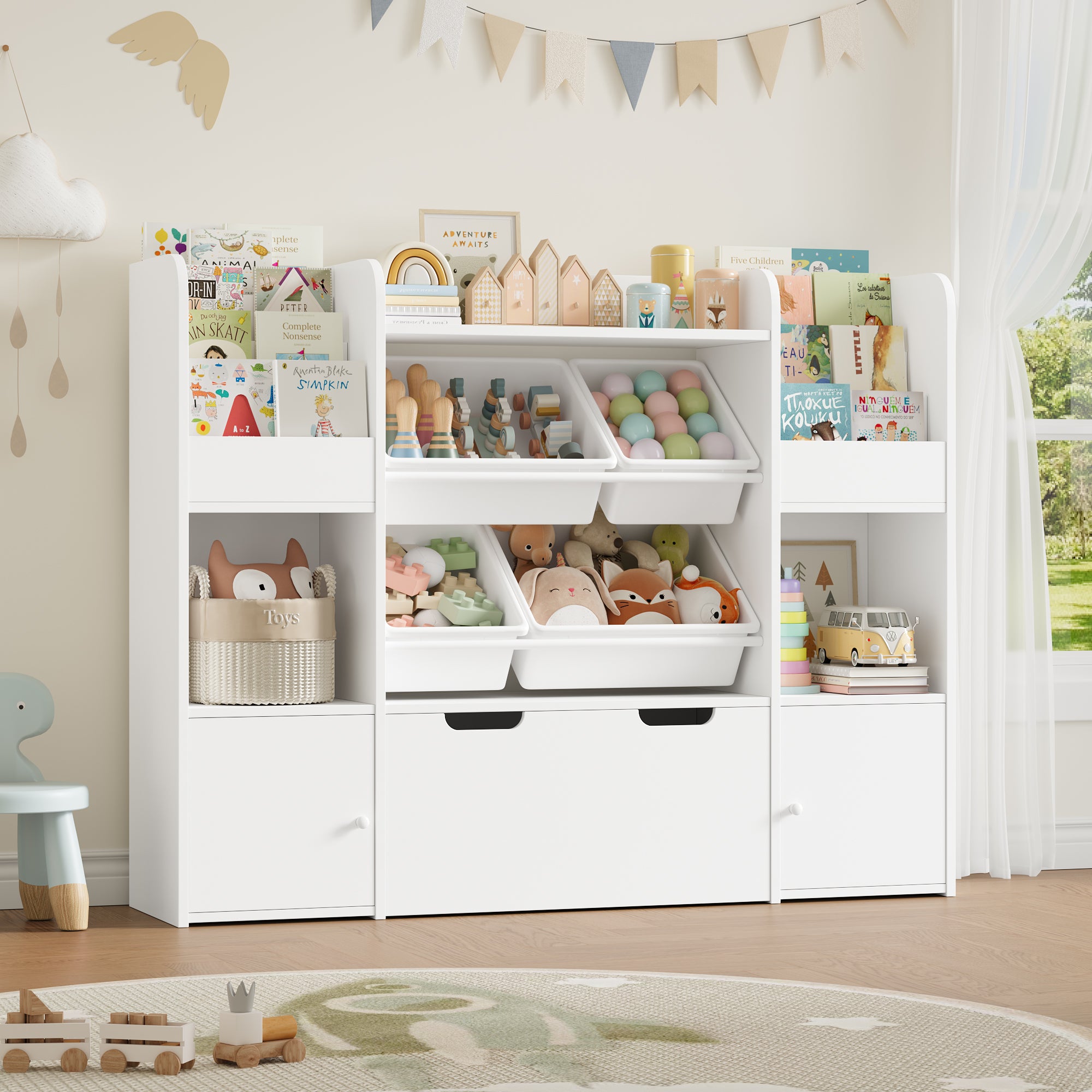 Hiphuta Kid Storage Toy Organizer, Wood Toy Storage Organizer with 4 Toy Boxes, Kids Bookcase with Book Rack, White