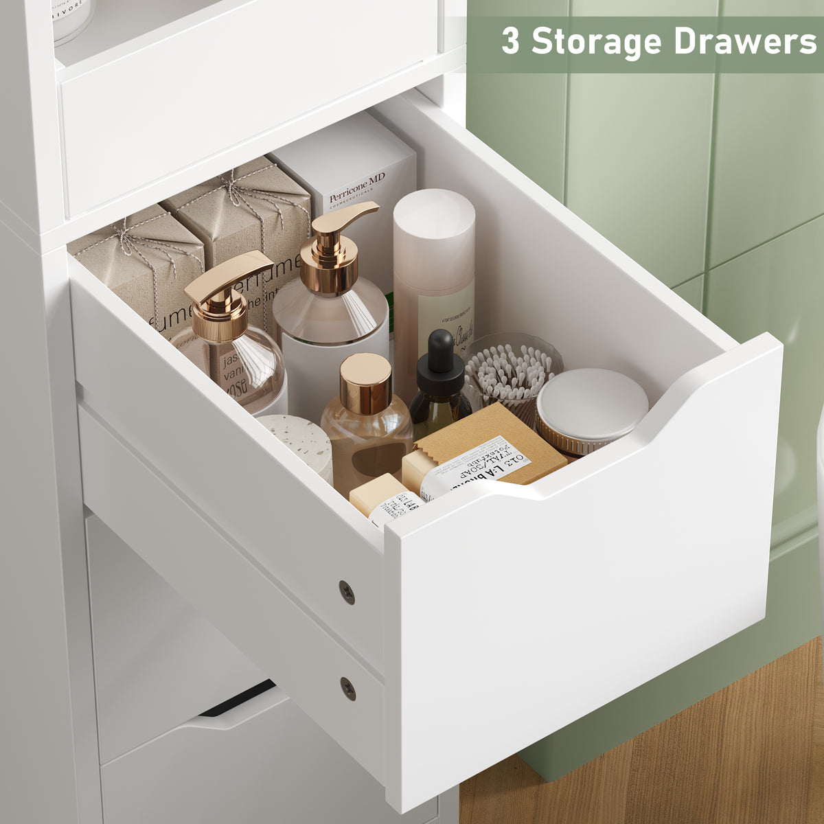 Hiphuta Bathroom Storage Tower with 3 Drawers, 67" Tall Bathroom Cabinet with 3-Tier Open Shelves, Narrow Linen Cabinet for Small Spaces, White