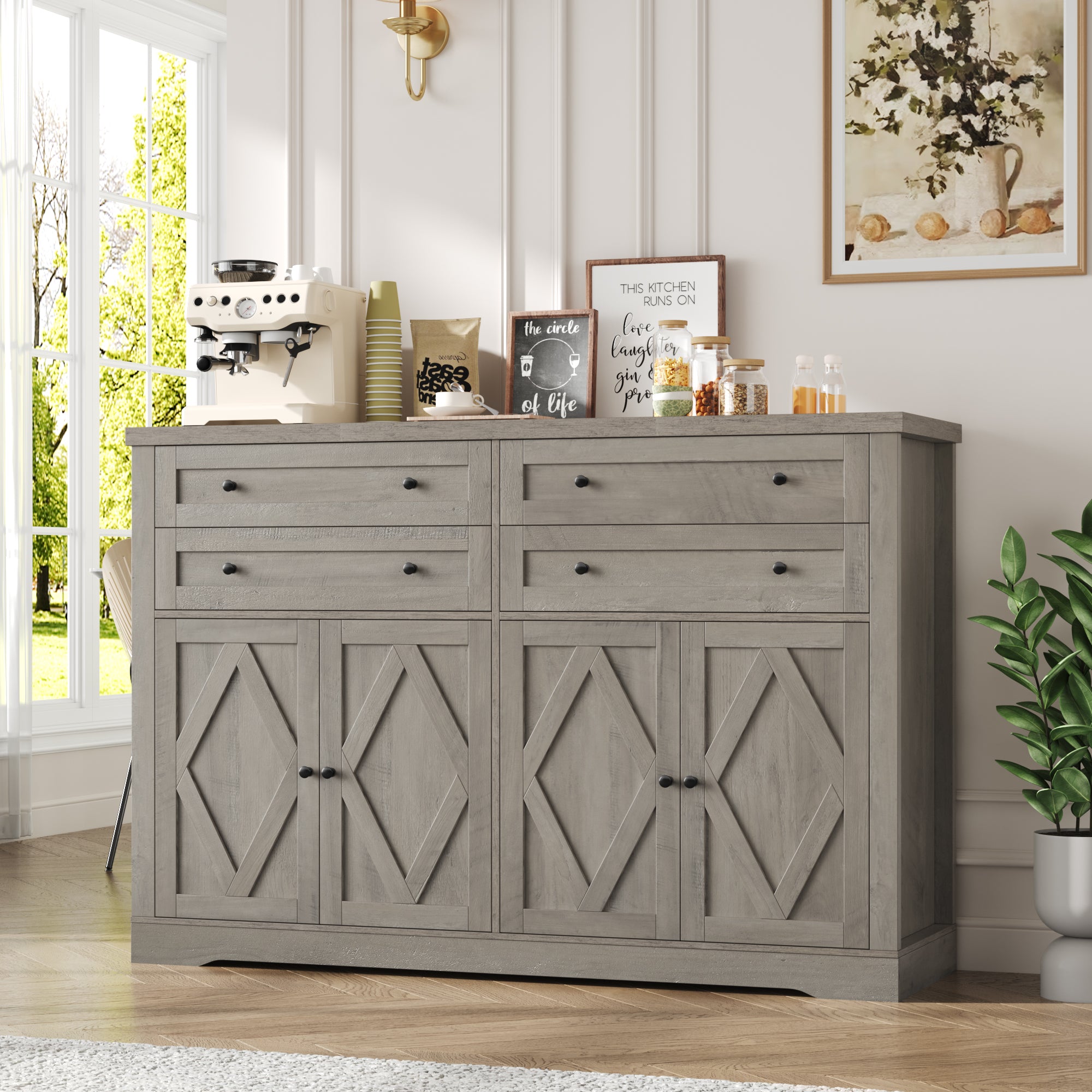 Hiphuta 55" Wide Farmhouse Buffet Storage Cabinets with 2 Adjustable Shelves & 4 Drawers for Living Room, Ash Gray