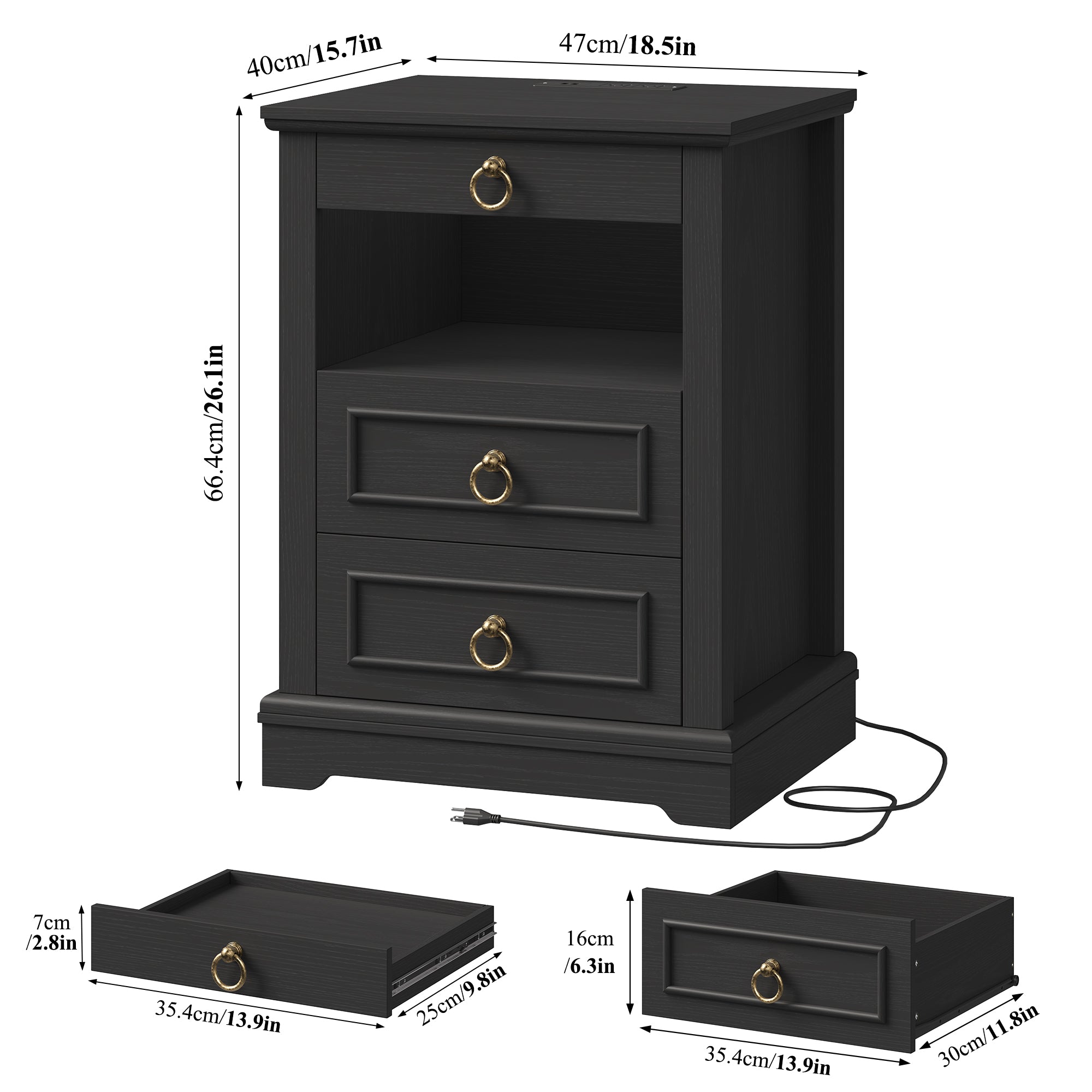 Hiphuta 18.5” Wide Farmhouse Nightstand with Charging Station, Wood Night Stands End Table with 3 Drawers for Small Spaces, LED Bedside Table for Bedroom Living Room, Black