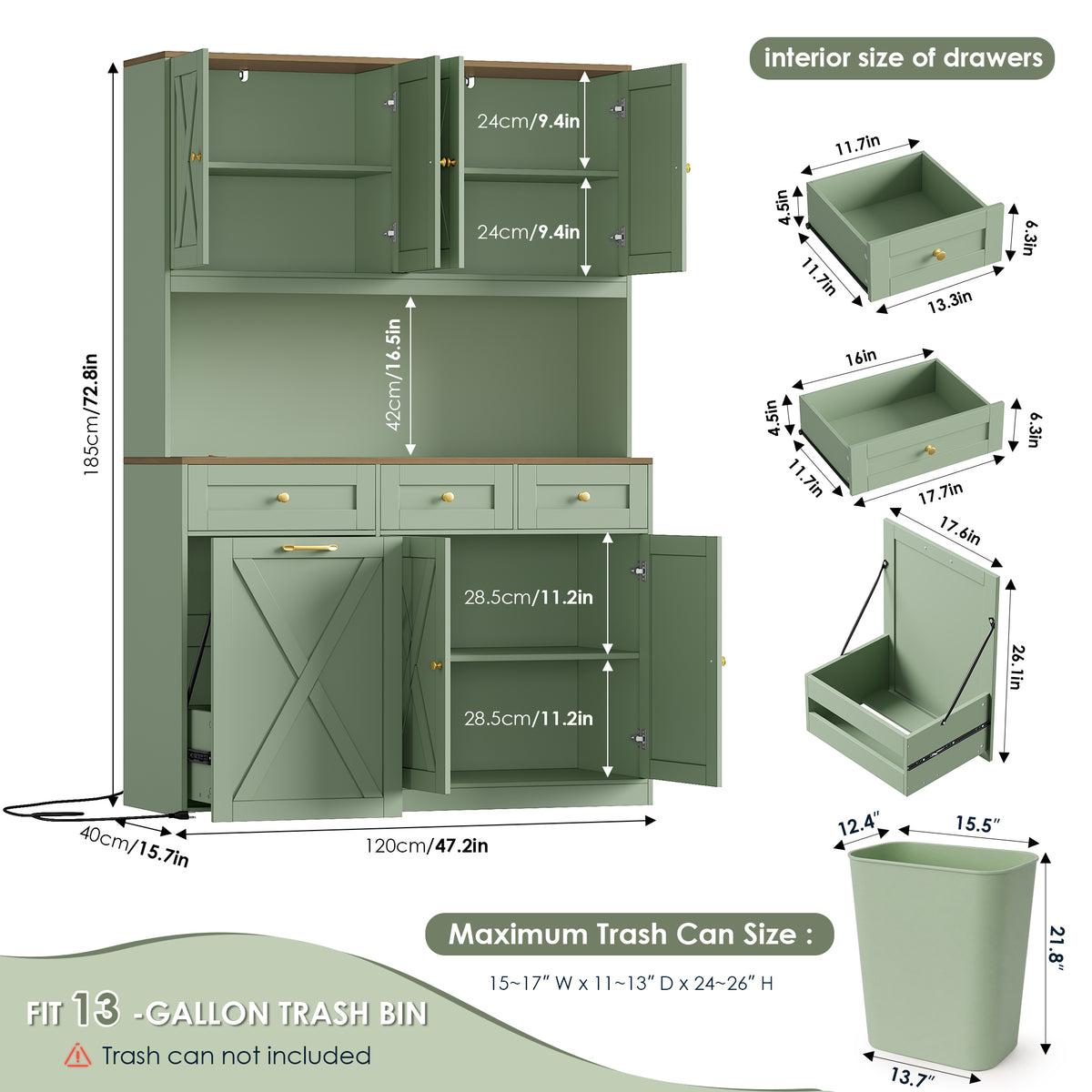 Hiphuta 73” Tall Kitchen Pantry Cabinet Fits 13 Gallon Trash Can Cabinet, Farmhouse Kitchen Storage Hutch with Pull Out Trash Can Storage for Dining Room Living Room, Green