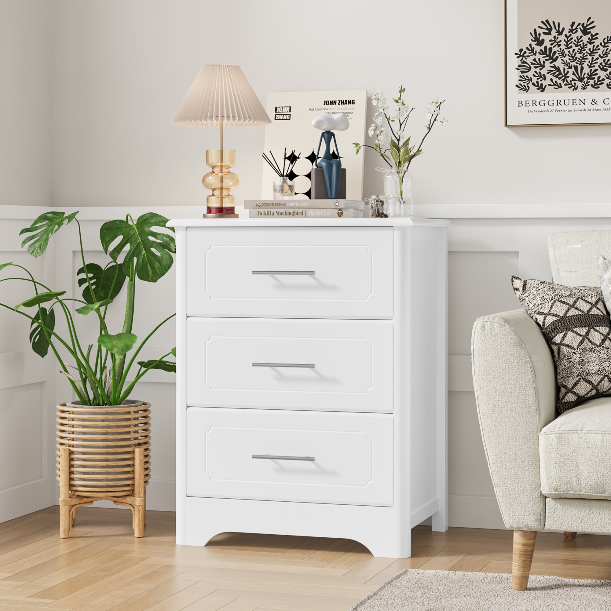 Hiphuta Modern Dresser with 3 Drawers & Metal Handle for Bedroom Living Room, White