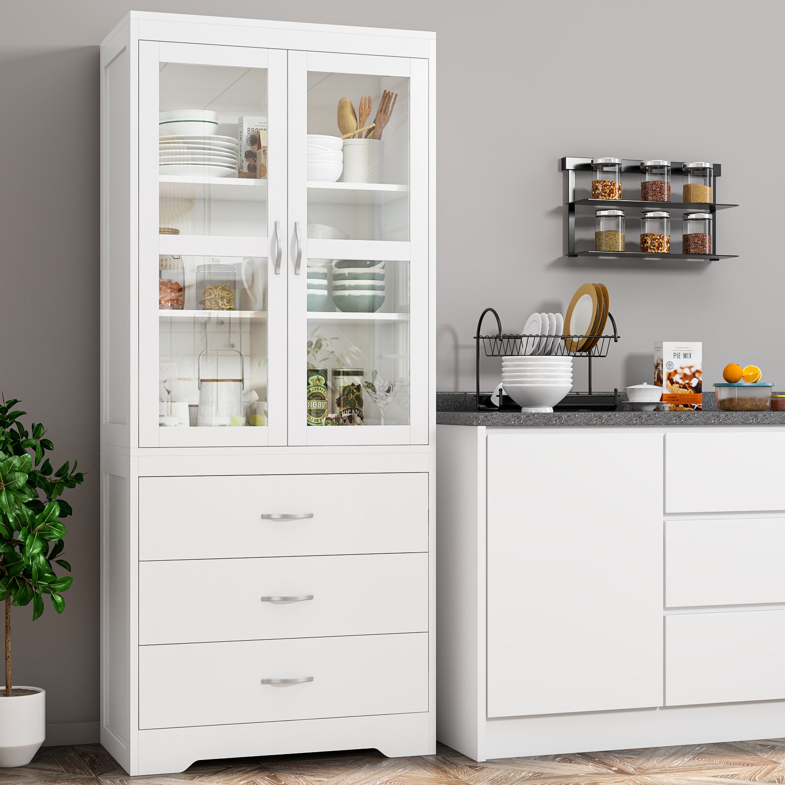 Hiphuta 66.5"H Kitchen Pantry Cabinet with Glass Doors, 3 Drawers & 3 Shelves, White