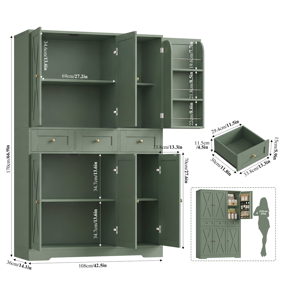 Hiphuta Farmhouse Kitchen Pantry Cabinet with Doors, Large Pantry Stroage Cabinet for Kitchen Dining Room, Green