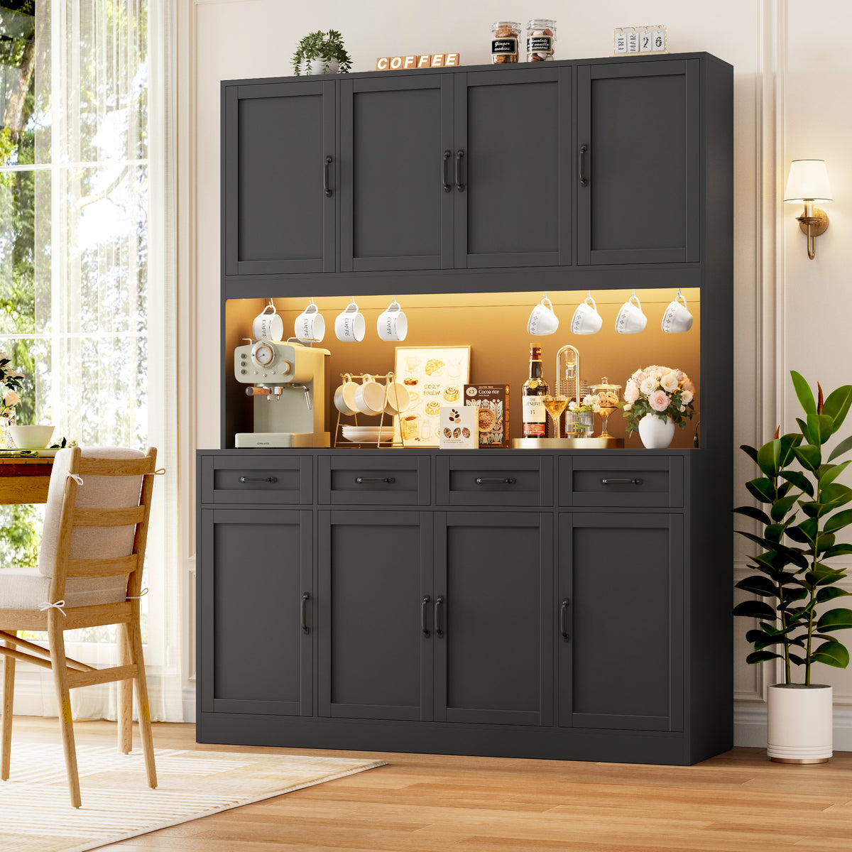 Hiphuta 59" Wide Kitchen Pantry Cabinet with 8 Doors and 4 Drawers, Extra Large Hutch Cabinet with RGB LED and Charging Station, Coffee Bar with 4 Adjustable Shelves, Black