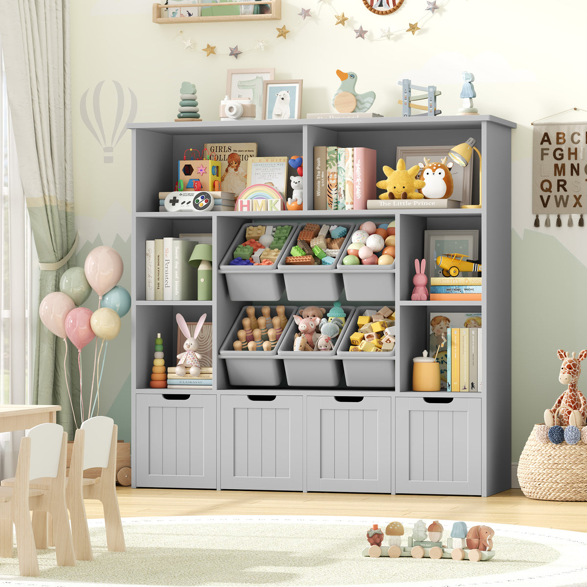 Hiphuta Large 4 Tier Kids Toy Organizer, Wood Toy Organizer of 6 Bins& 4 Removable Drawers, Children's Bookcase for Family Room, Gray
