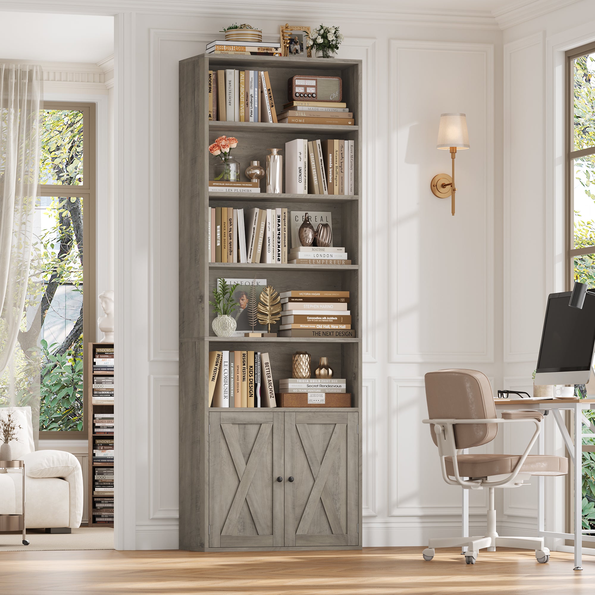 Hiphuta 81.5" Tall Bookcase with Doors, 5-Tier Bookshelves with Storage, 23.6"W Display Shelf with 2 Doors for Home Office, Living Room, Ash Gray