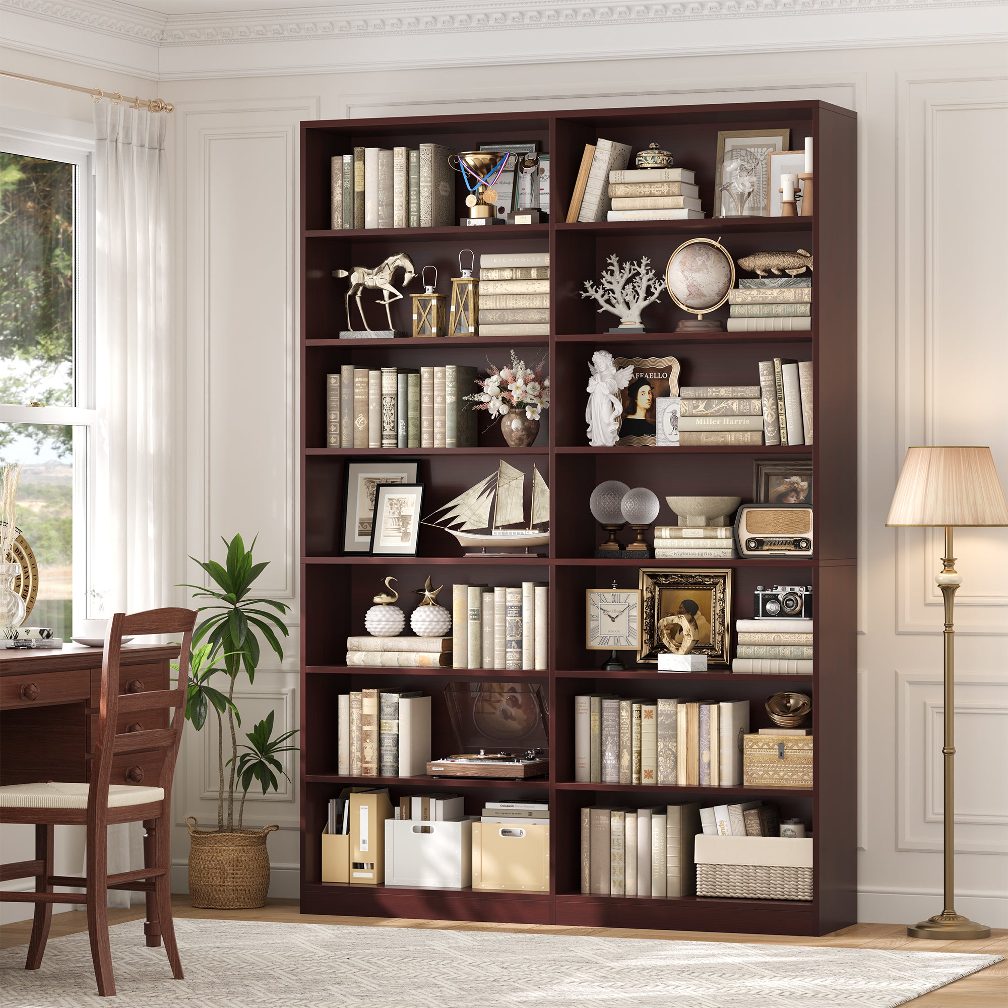 Hiphuta 84"H Double Wide 7-Tier Bookcase, Large Modern Bookcase with 14 Cubes for Home Office and Living Room, Freestanding Display Book Shelves, Cherry