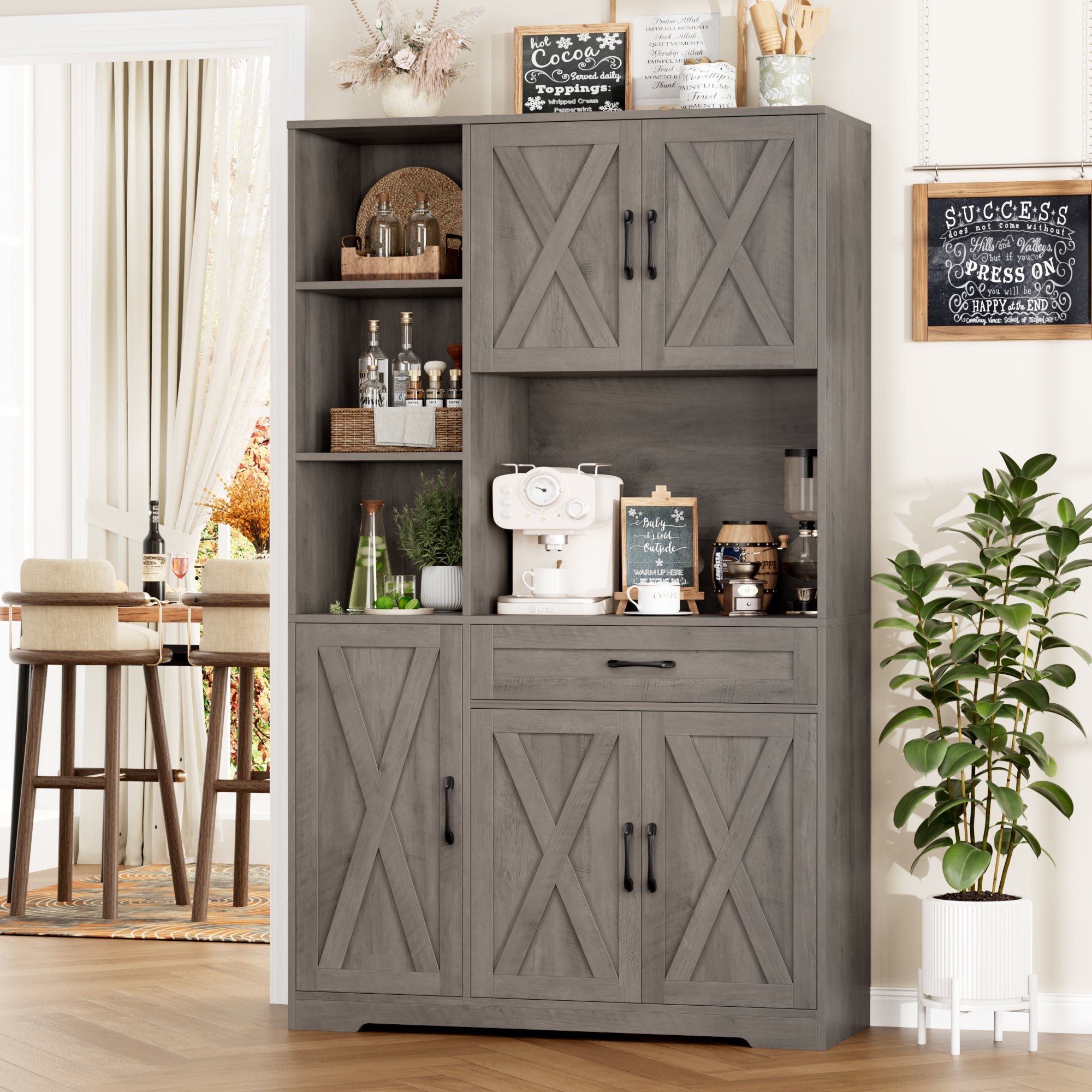 Hiphuta 71" Farmhouse Kitchen Pantry Storage Cabinet, Freestanding Hutch with Doors, Shelves & Microwave Stand, Cupboard for Dining Room, Ash Gray