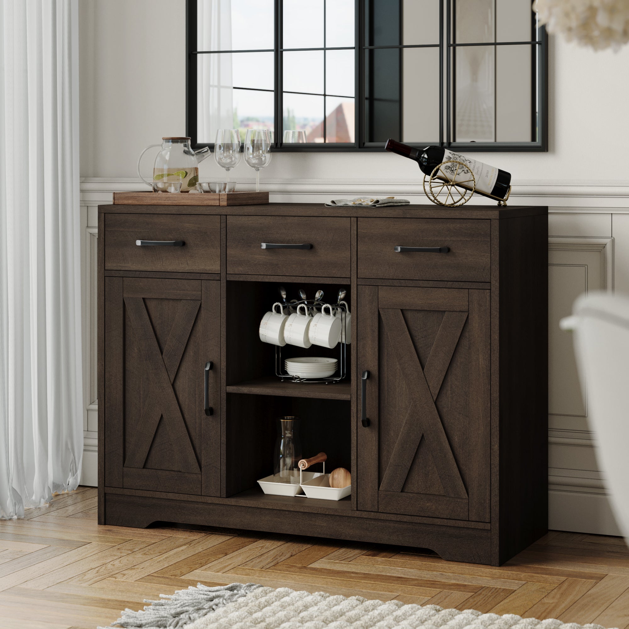 Hiphuta 41.7” Wide Farmhouse Buffet Sideboard, Wooden Credenza with 2-Tier Adjustable Shelves & 3 Drawers, Floor Cabinet Cupboard for Kitchen, Dark Brown