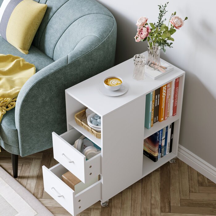 Hiphuta Movable End Side Table with 2 Drawers & Adjustable Shelf, Narrow Bedside Table, White