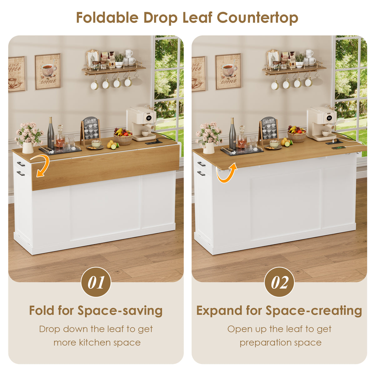 Hiphuta 55"W Kitchen Island Cart with Storage, Rolling Island Table with Trash Can, Adjustable Shelves and 4 Drawers, Movable Buffet Cabinet for Dining room, White