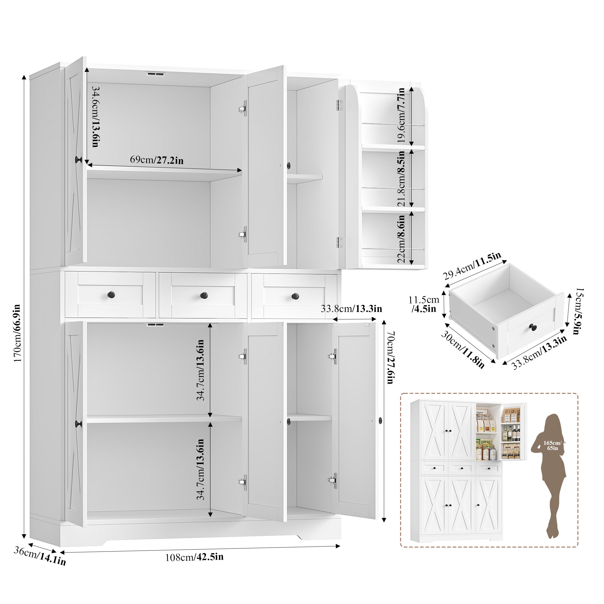 Hiphuta 67" Tall Farmhouse Kitchen Pantry Storage Cabinet with Door Shelves, 43" Wide Large Cupboard Hutch with 3 Drawers, White