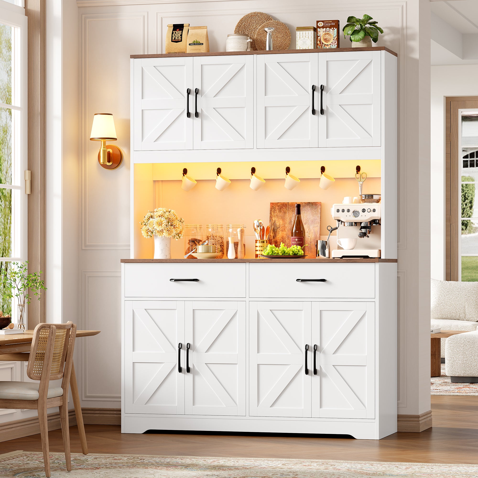Hiphuta 71" Tall Kitchen Pantry Storage Cabinet with RGB LED and 6 Metal Hooks, Farmhouse Coffee Bar Cabinet with Charging Station, Buffet with Hutch and Microwave Stand, White
