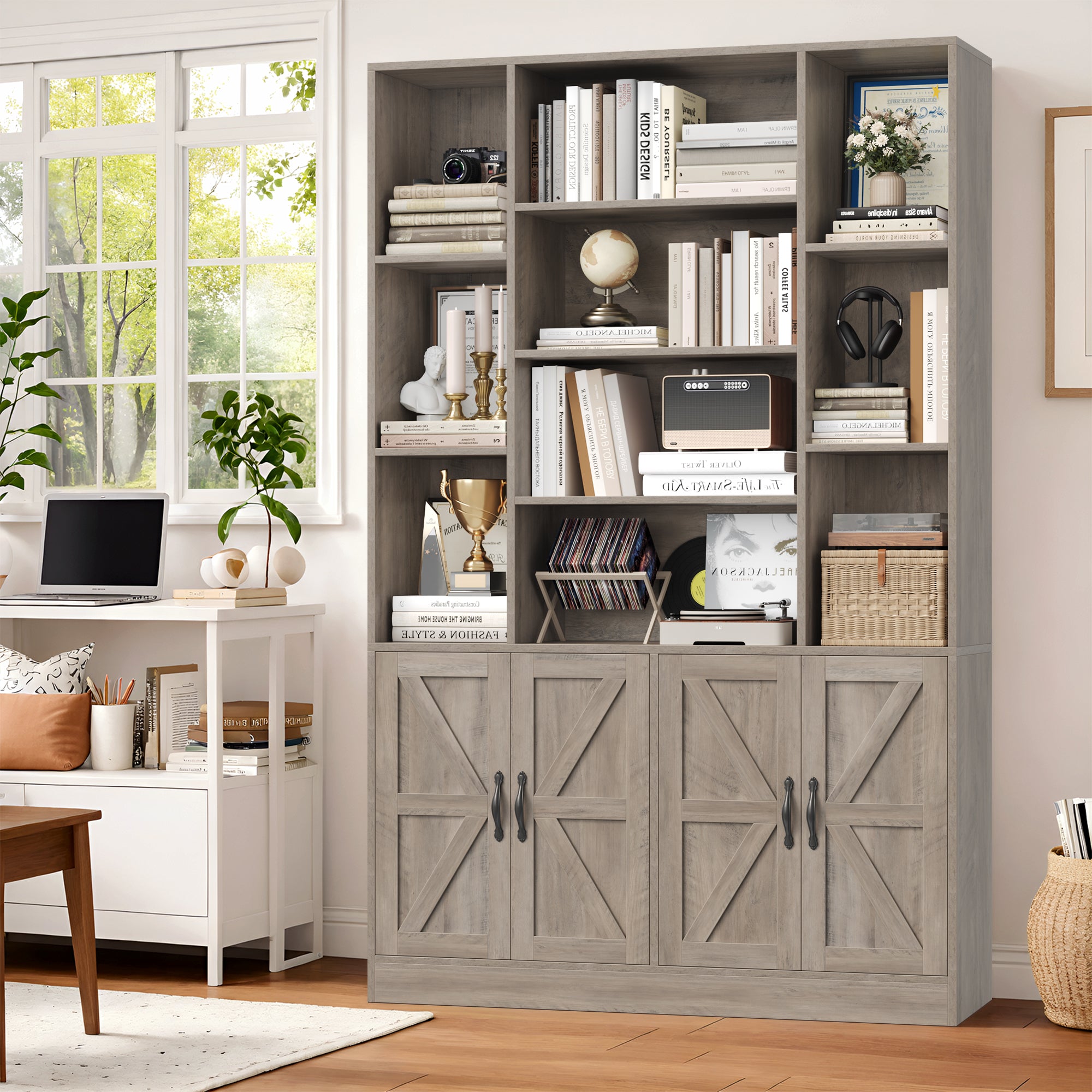 Hiphuta 74.8" Tall Bookcases with 2 Double Door Cabinet, Wooden Storage Bookshelf for Living Room Home Office, Ash Gray