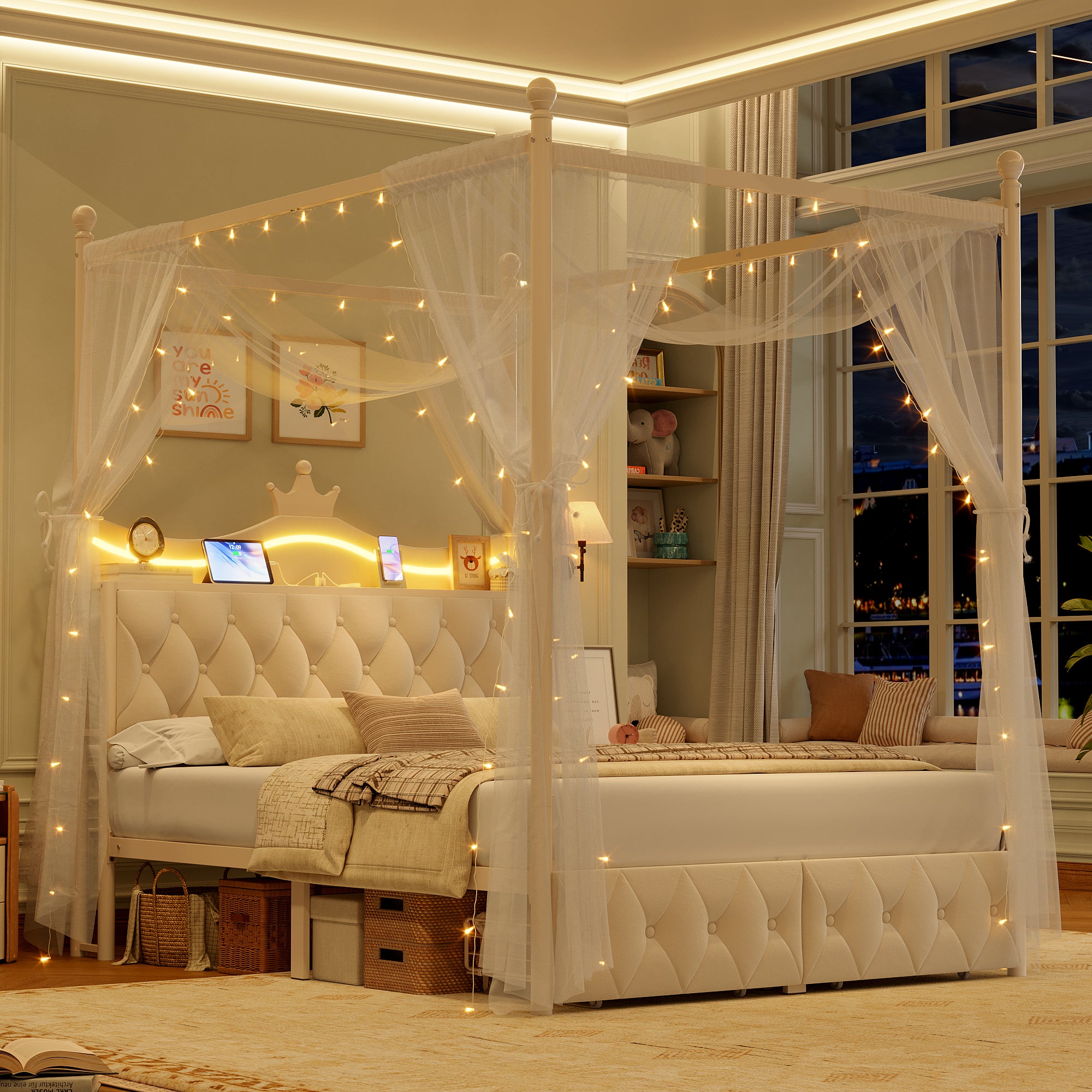 Hiphuta Full Size Crown Canopy Bed with Power Outlet & LED, Upholstered Princess Beds with 4 Removable Posts, Full Bed Frames, White