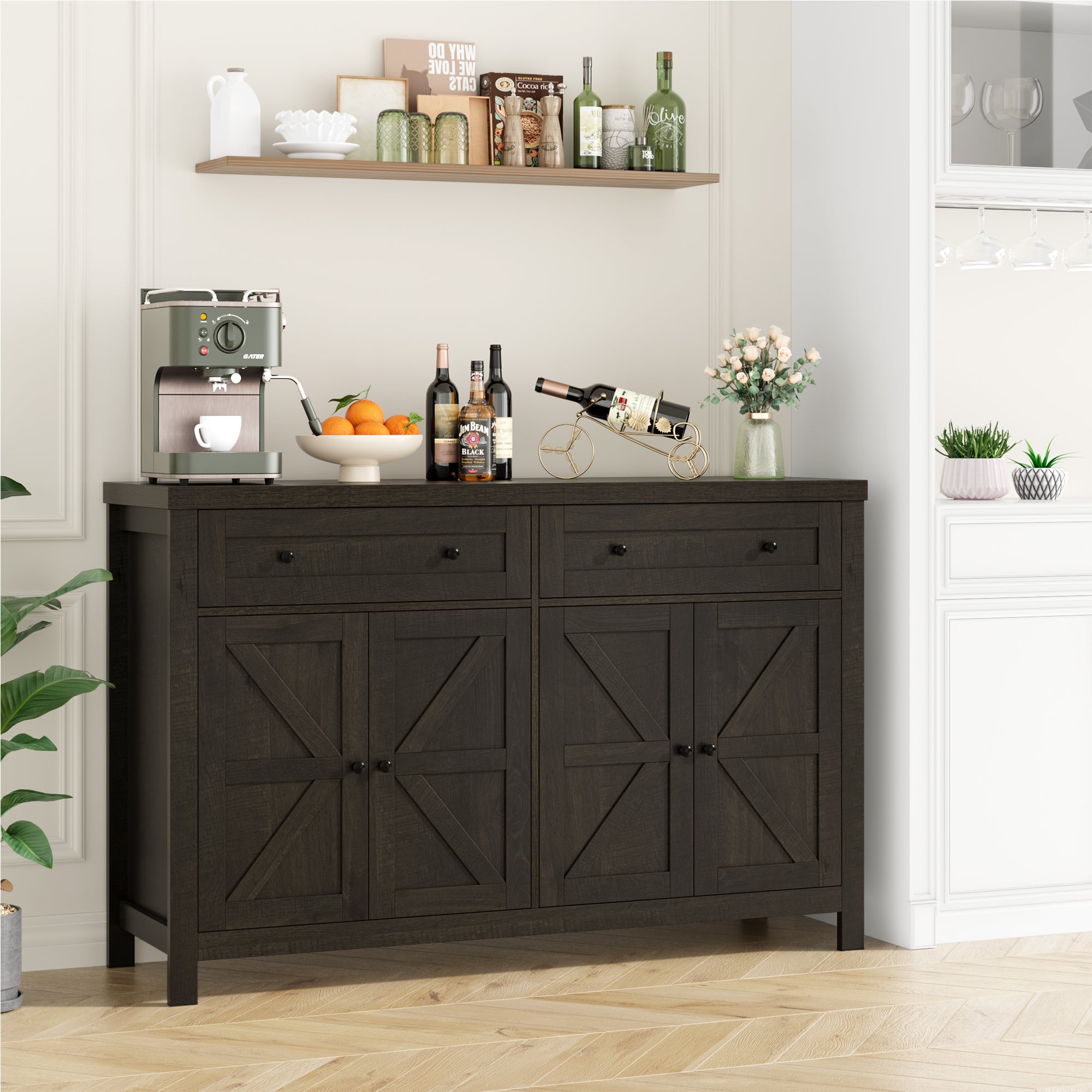 Hiphuta 55.1" Modern Sideboard Buffet, Credenza Storage Cabinets with Adjustable Shelf, 4-Doors & 2-Drawers, Dark Brown