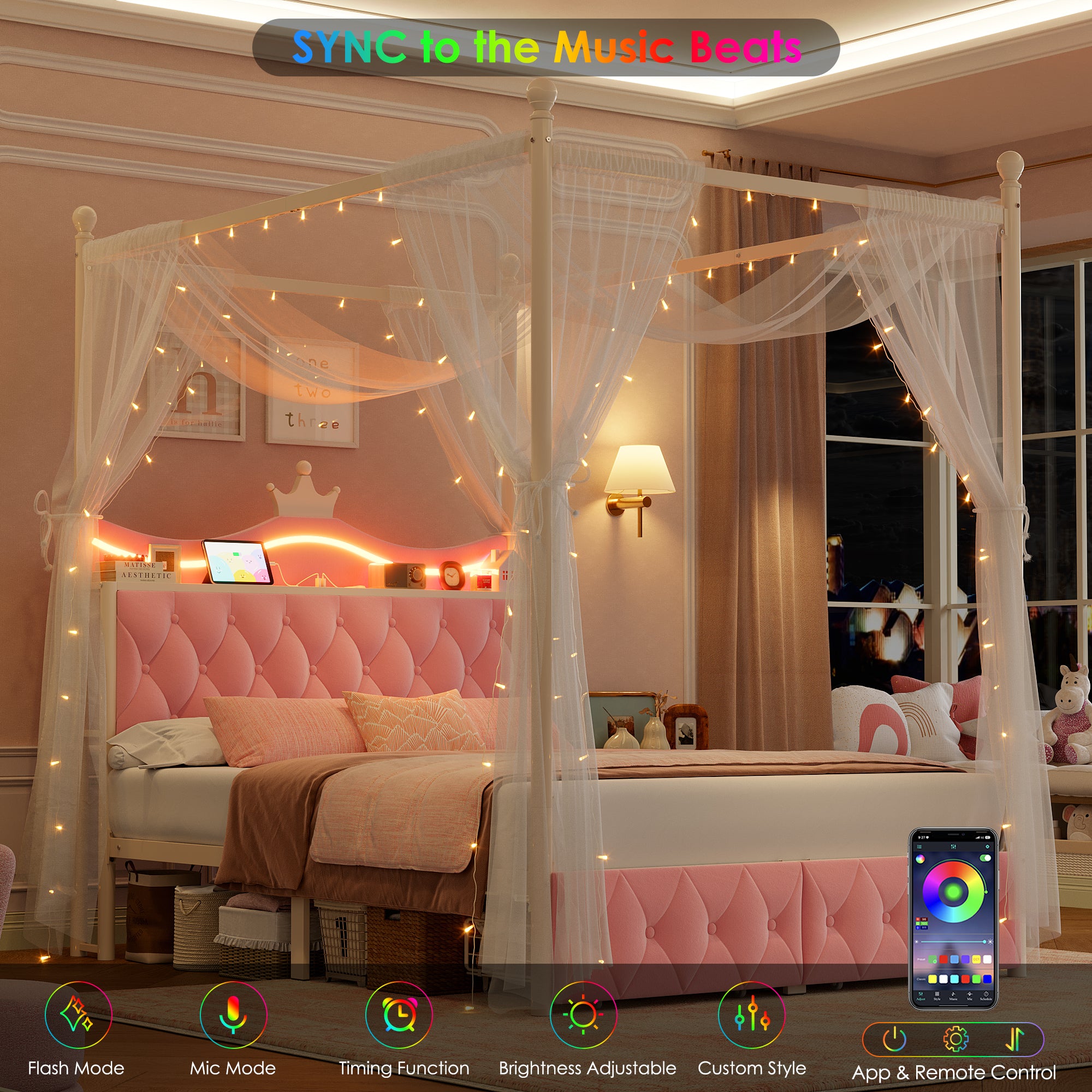 Hiphuta Full Size Crown Canopy Bed with Power Outlet & LED, Upholstered Princess Beds with 4 Removable Posts, Full Bed Frames, Pink