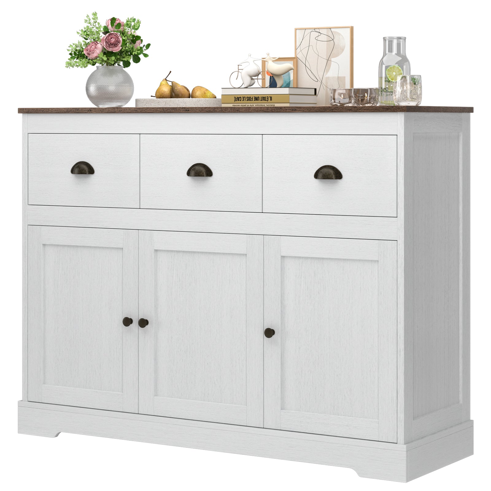 Hiphuta Sideboard Storage Cabinet with 3 Drawers & 3 Doors, 47.2 W Buffet Cabinet with Adjustable Shelves, OFF-White