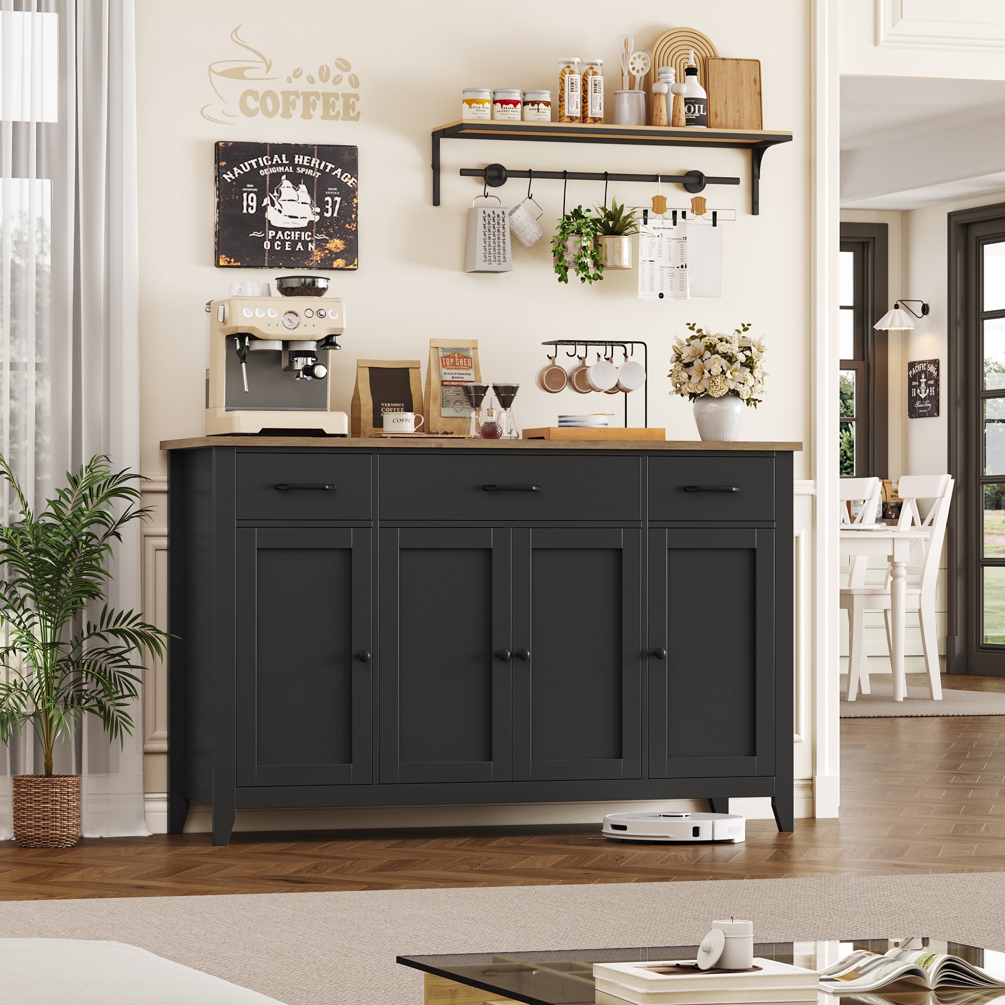 Hiphuta 55"Wide Buffet Cabinet with 2 Adjustable Shelves, Modern Farmhouse Coffee Bar with 3 Drawers and Sturdy Base for Living Room, Black